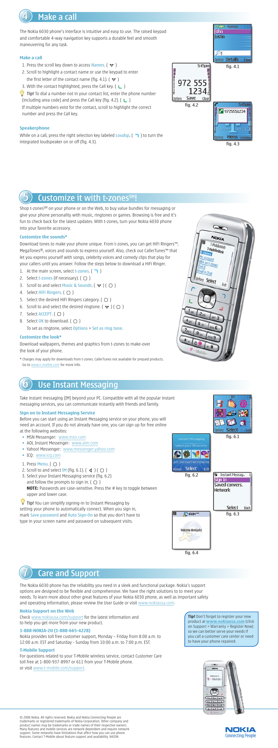 Use instant messaging, Customize it with t-zones, Make a call | Nokia 6030 User Manual | Page 2 / 2