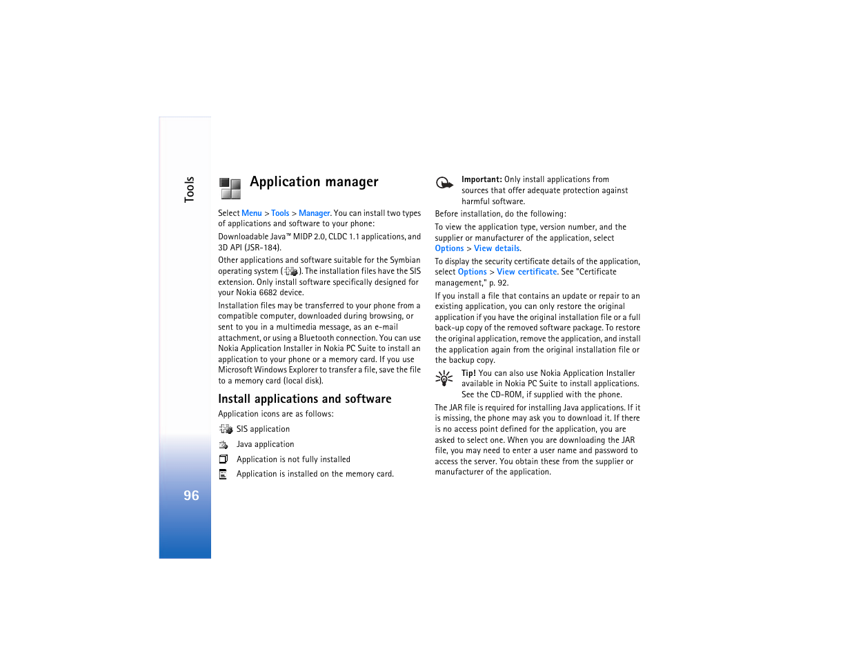 Application manager, Install applications and software, Application manager," p. 96 | 96 application manager, Tools | Nokia 6682 User Manual | Page 105 / 129