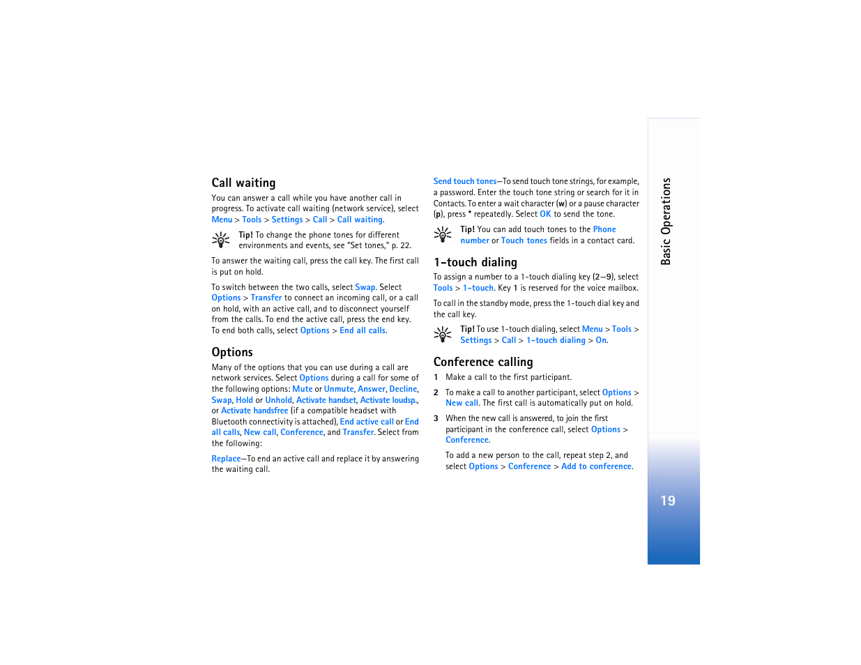 Touch dialing, Conference call, Touch dialing conference calling | Basic ope rations, Call waiting, Options, Conference calling | Nokia 6682 User Manual | Page 28 / 129