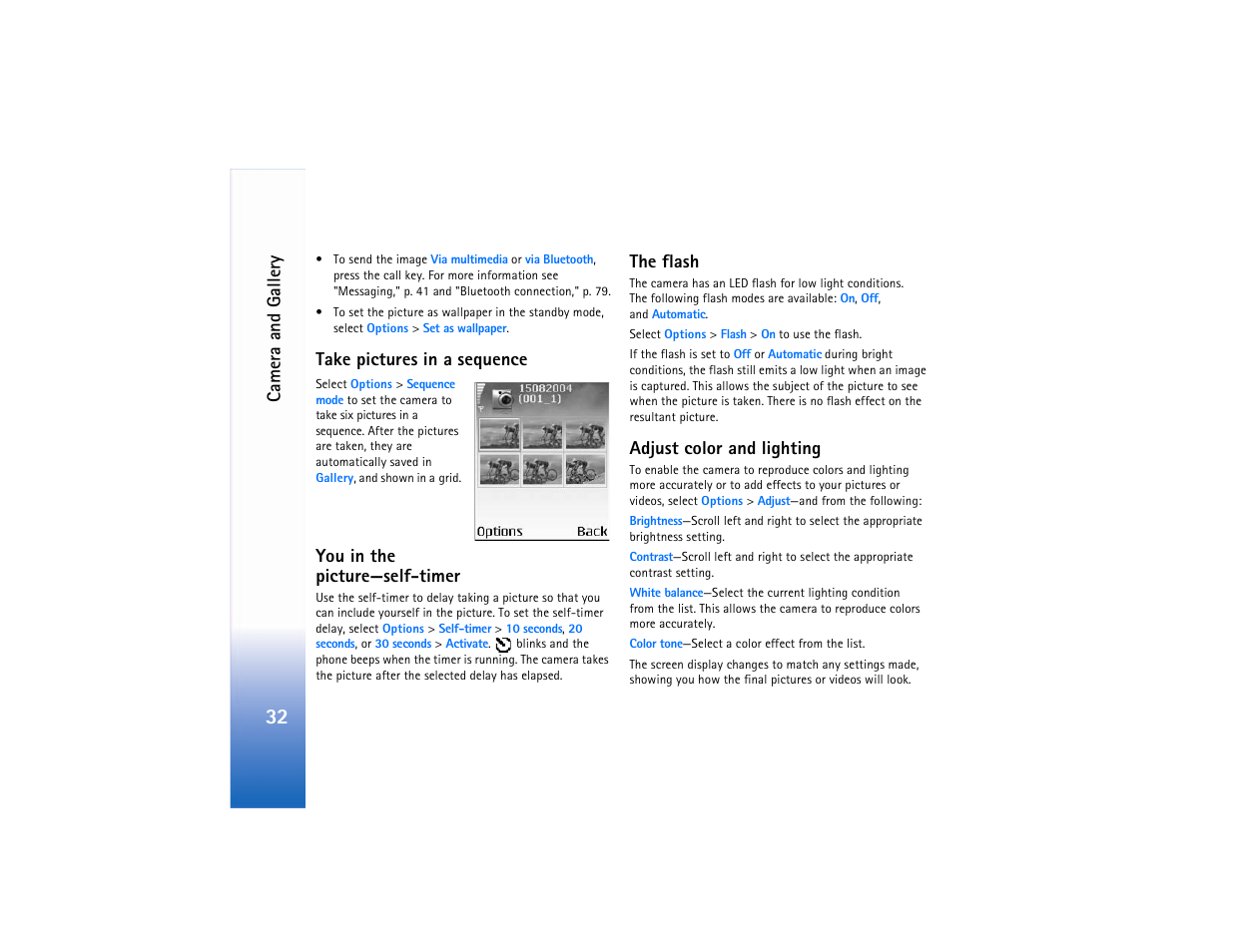 Take pictures in a sequence, You in the picture, The flash | Adjust color and lighting, Take pictures in a sequence," p. 32, You in the picture— self-timer," p. 32, Adjust, Color and lighting," p. 32, You in the picture—self-timer | Nokia 6682 User Manual | Page 41 / 129