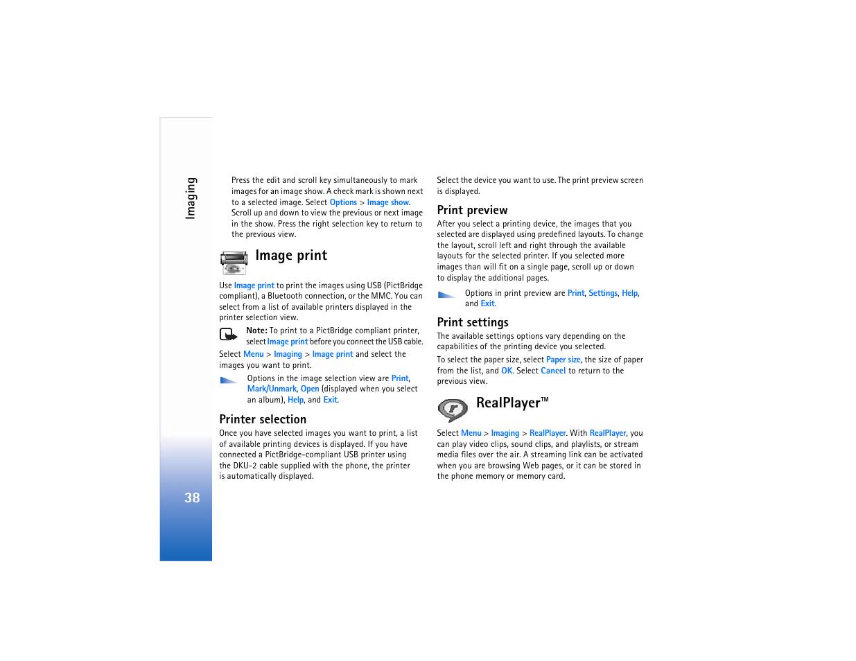 Image print, Printer selection, Print preview | Print settings, Realplayer, Printer selection print preview print settings, Realplayer™," p. 38, Imaging | Nokia 6682 User Manual | Page 47 / 129