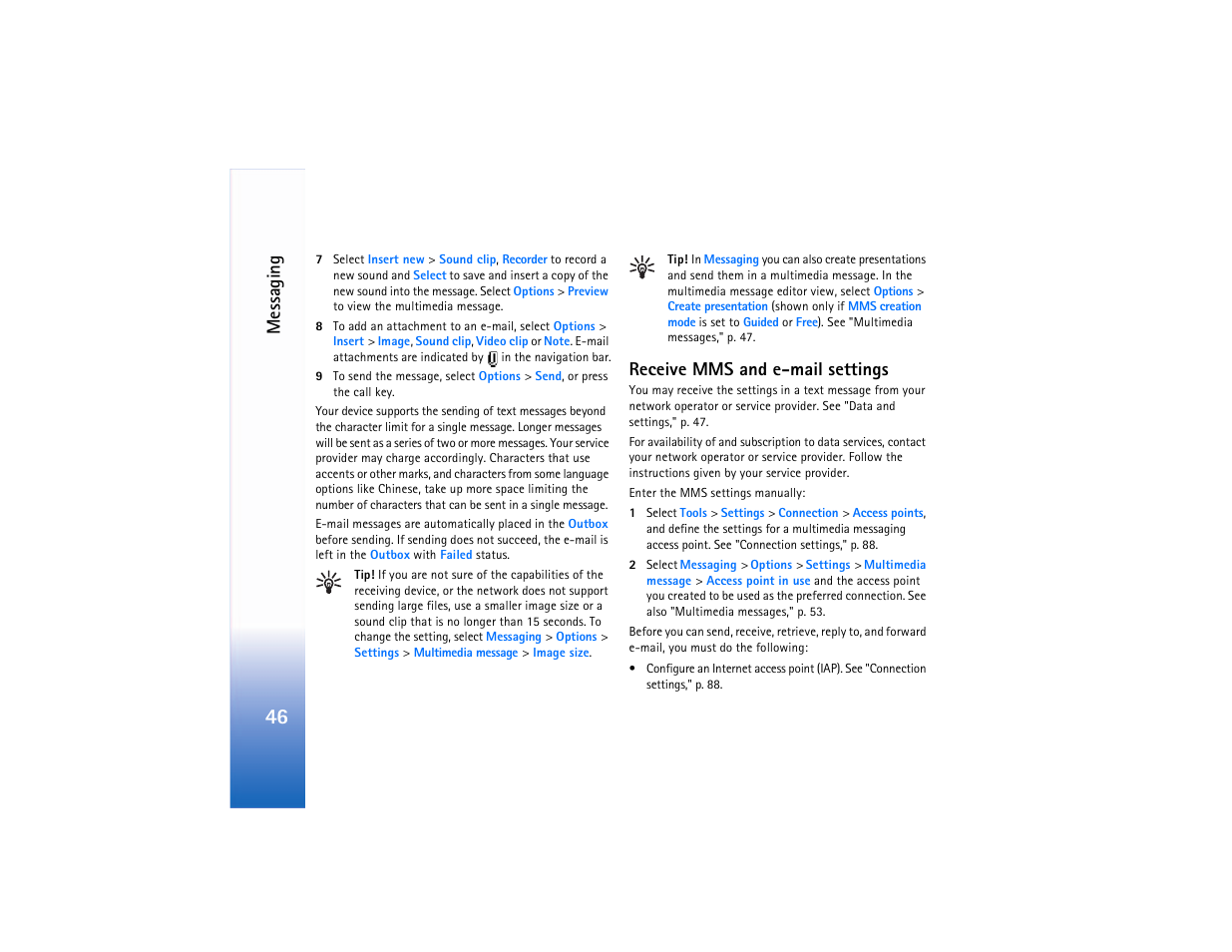 Receive mms and email settings, Receive mms and e-mail settings, Messaging | Nokia 6682 User Manual | Page 55 / 129