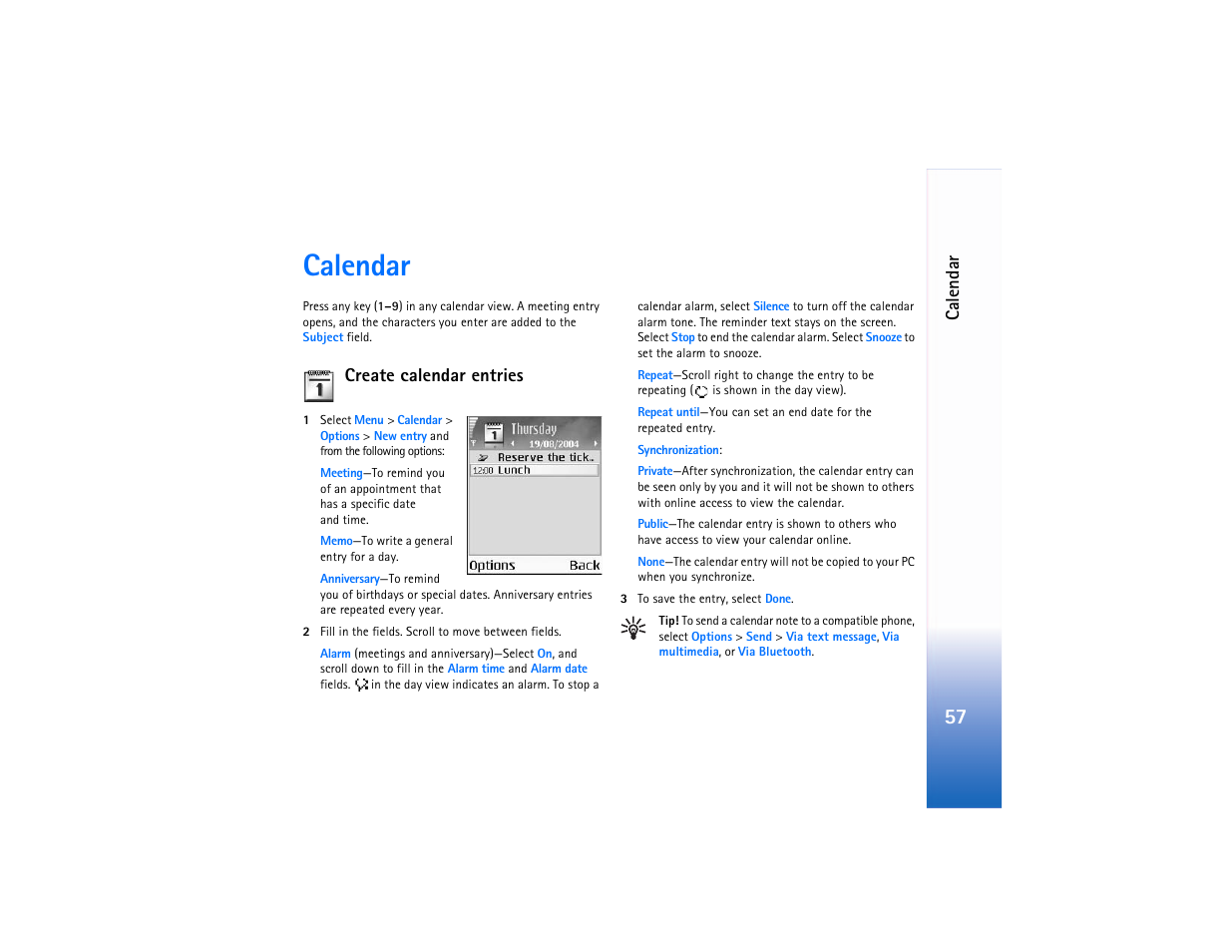 Calendar, Graphic, Create calendar entries | Ca lendar | Nokia 6682 User Manual | Page 66 / 129