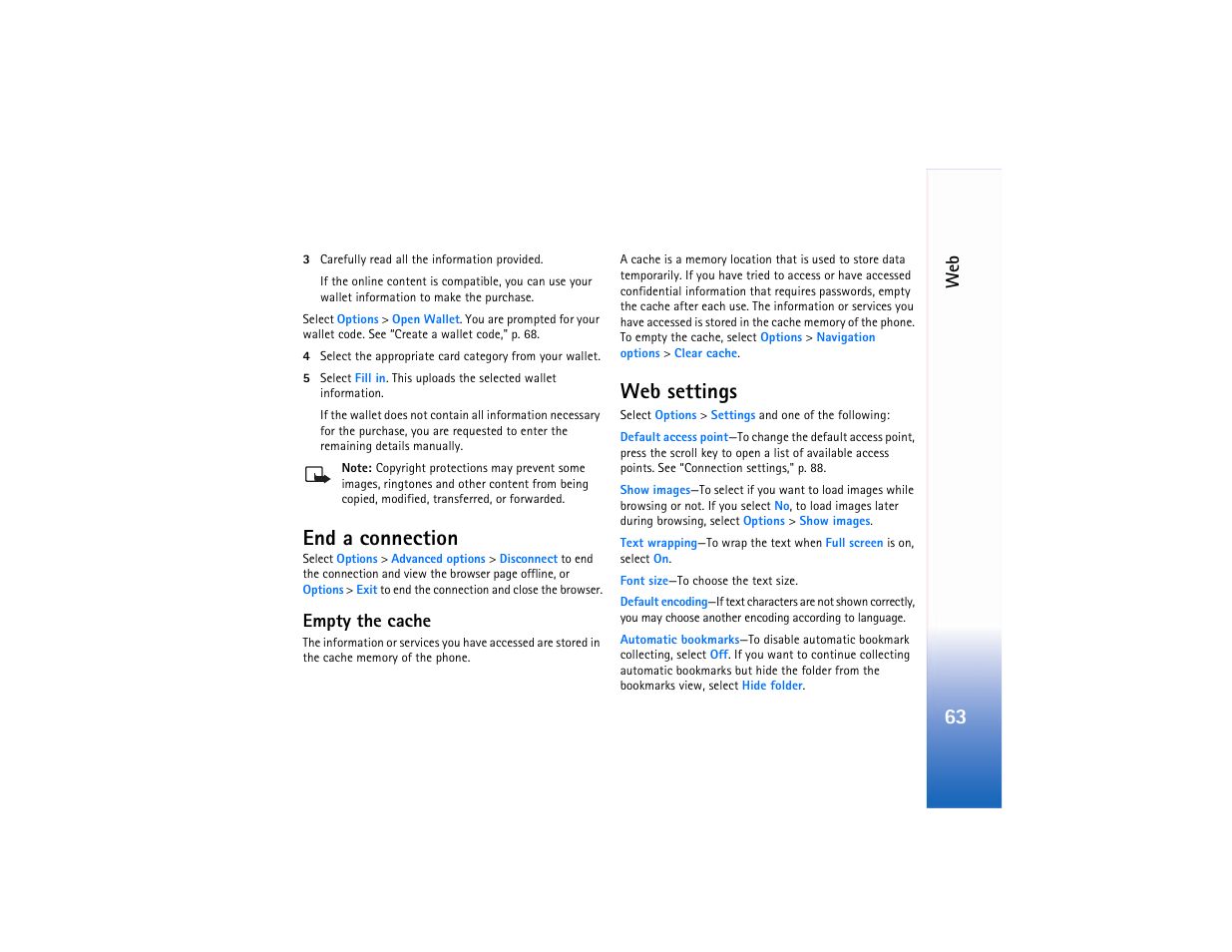 End a connection, Empty the cache, Web settings | Ee “end a connection, P. 63 | Nokia 6682 User Manual | Page 72 / 129