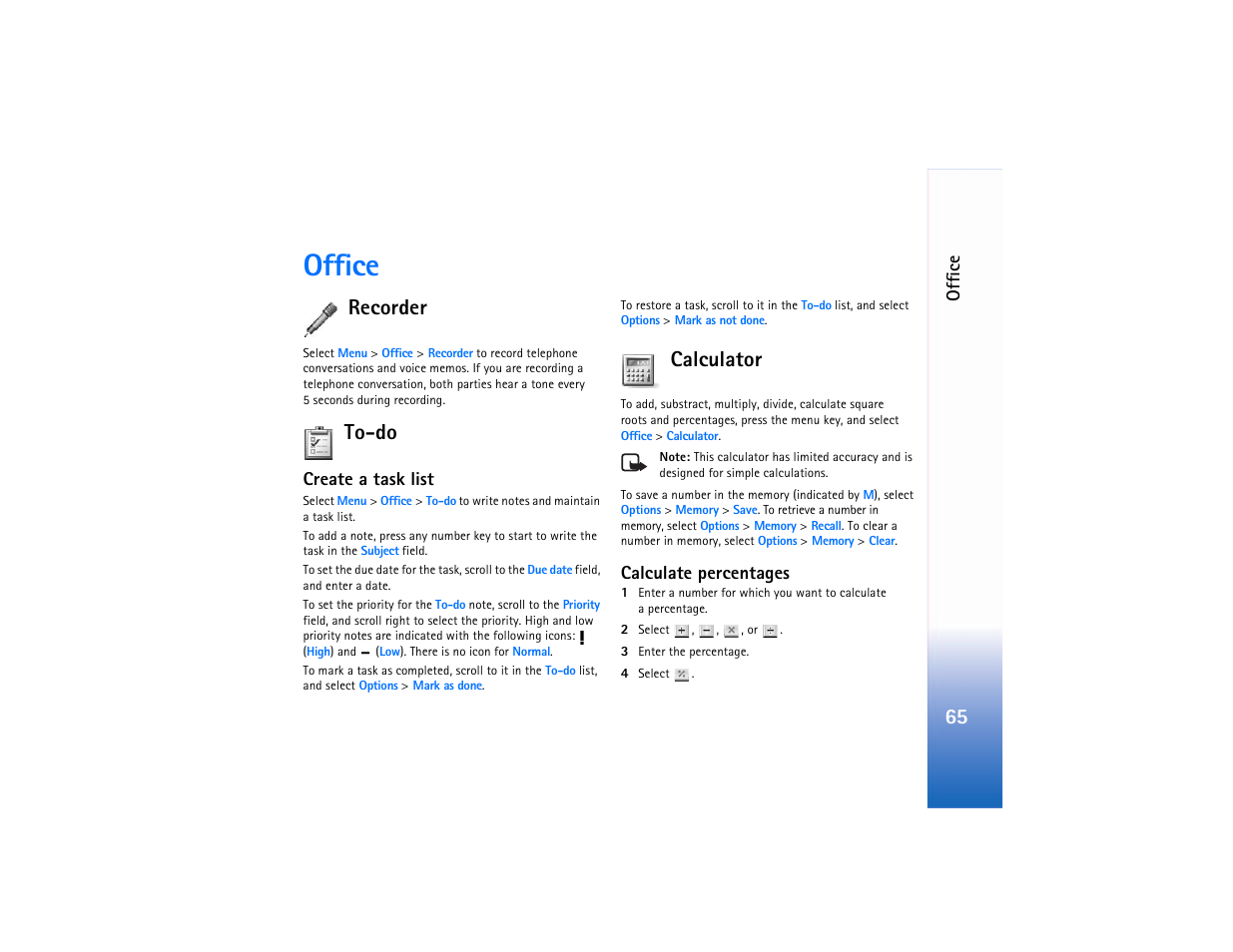 Office, Recorder, To-do | Create a task list, Calculator, Calculate percentages, Recorder to-do | Nokia 6682 User Manual | Page 74 / 129