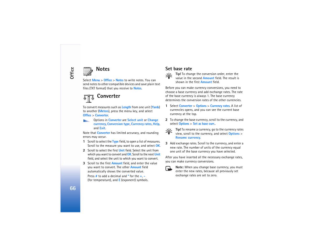 Notes, Converter, Set base rate | Notes converter, Offic e | Nokia 6682 User Manual | Page 75 / 129