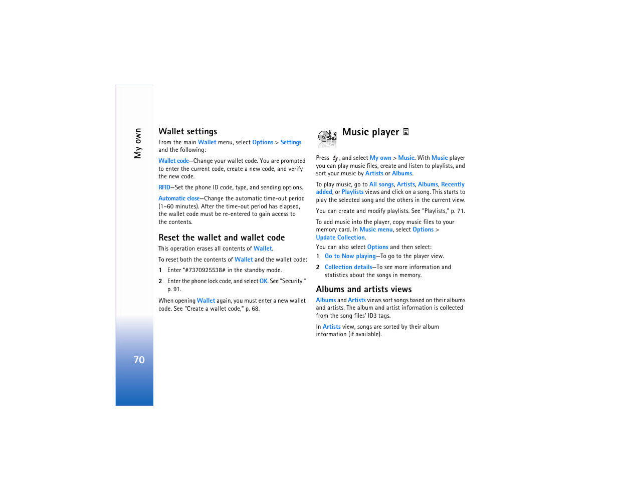Wallet settings, Reset the wallet and wallet code, Music player | Albums and artists views, Wallet settings reset the wallet and wallet code, My own | Nokia 6682 User Manual | Page 79 / 129