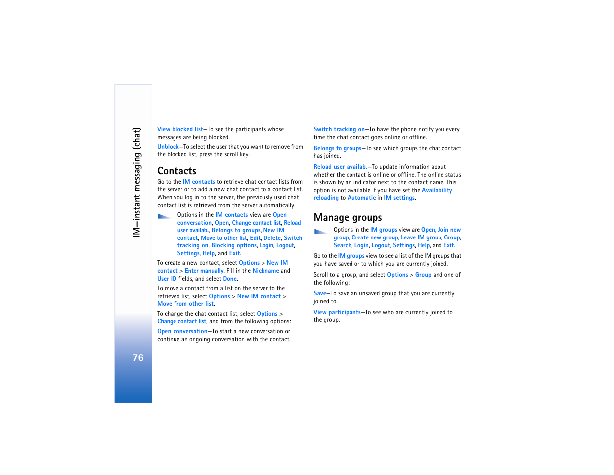 Contacts, Manage groups, Contacts manage groups | Im—instant messaging (ch a t) | Nokia 6682 User Manual | Page 85 / 129