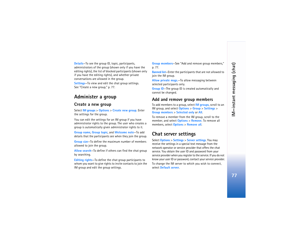Administer a group, Create a new group, Add and remove group members | Chat server settings, Create a new group add and remove group members, Im—instant messaging (ch a t) | Nokia 6682 User Manual | Page 86 / 129
