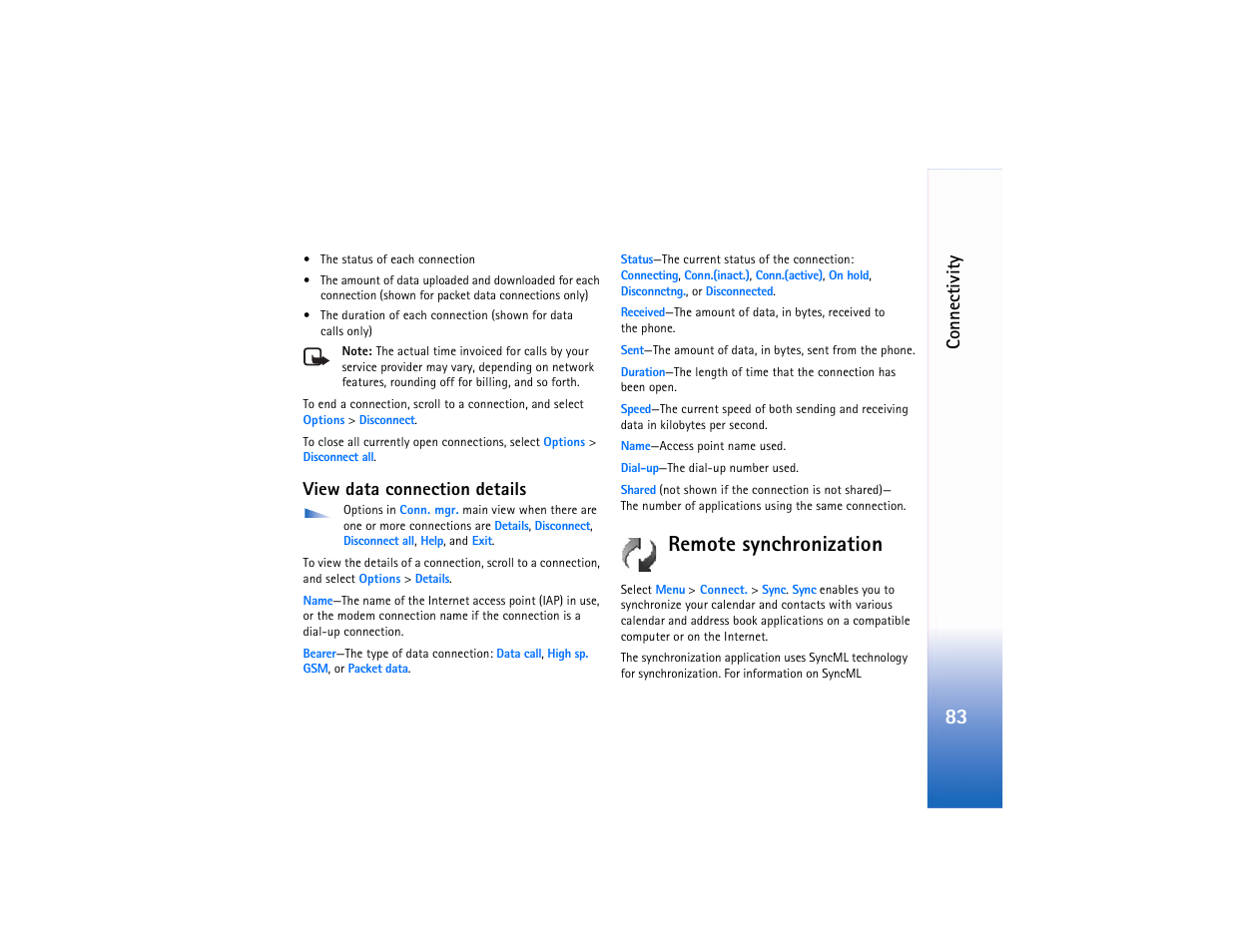 View data connection details, Remote synchronization, Co n n ec ti vit y | Nokia 6682 User Manual | Page 92 / 129