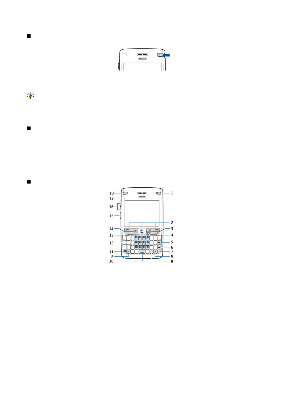 Switch on your device, Enter first settings, Keys and parts | Nokia E61 User Manual | Page 42 / 132