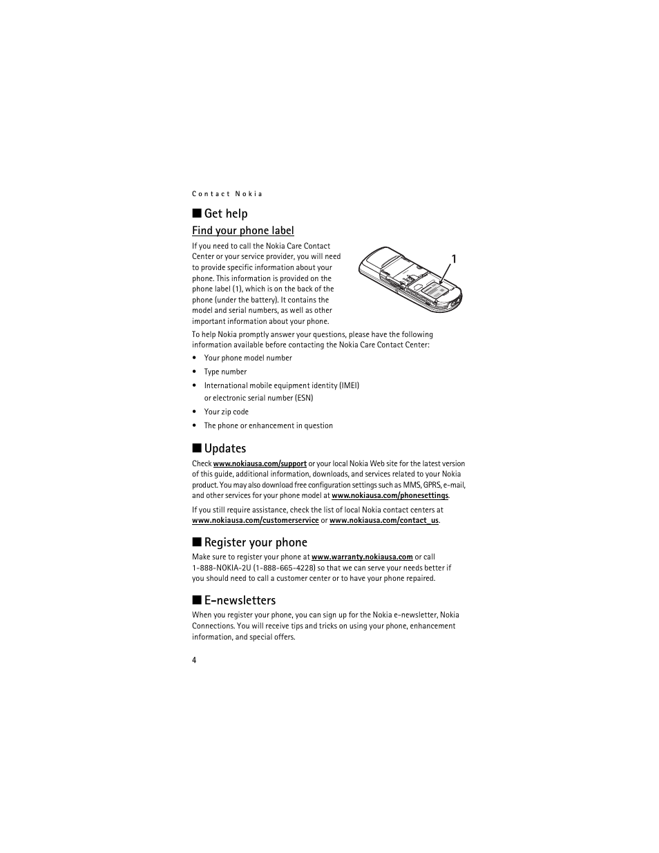 Get help, Find your phone label, Updates register your phone e-newsletters | Updates, Register your phone, E-newsletters | Nokia E61 User Manual | Page 6 / 132