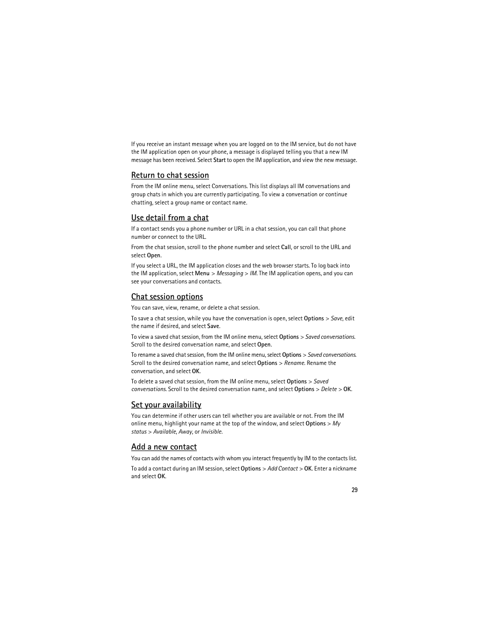 Return to chat session, Use detail from a chat, Chat session options | Set your availability, Add a new contact | Nokia 6126 User Manual | Page 62 / 105