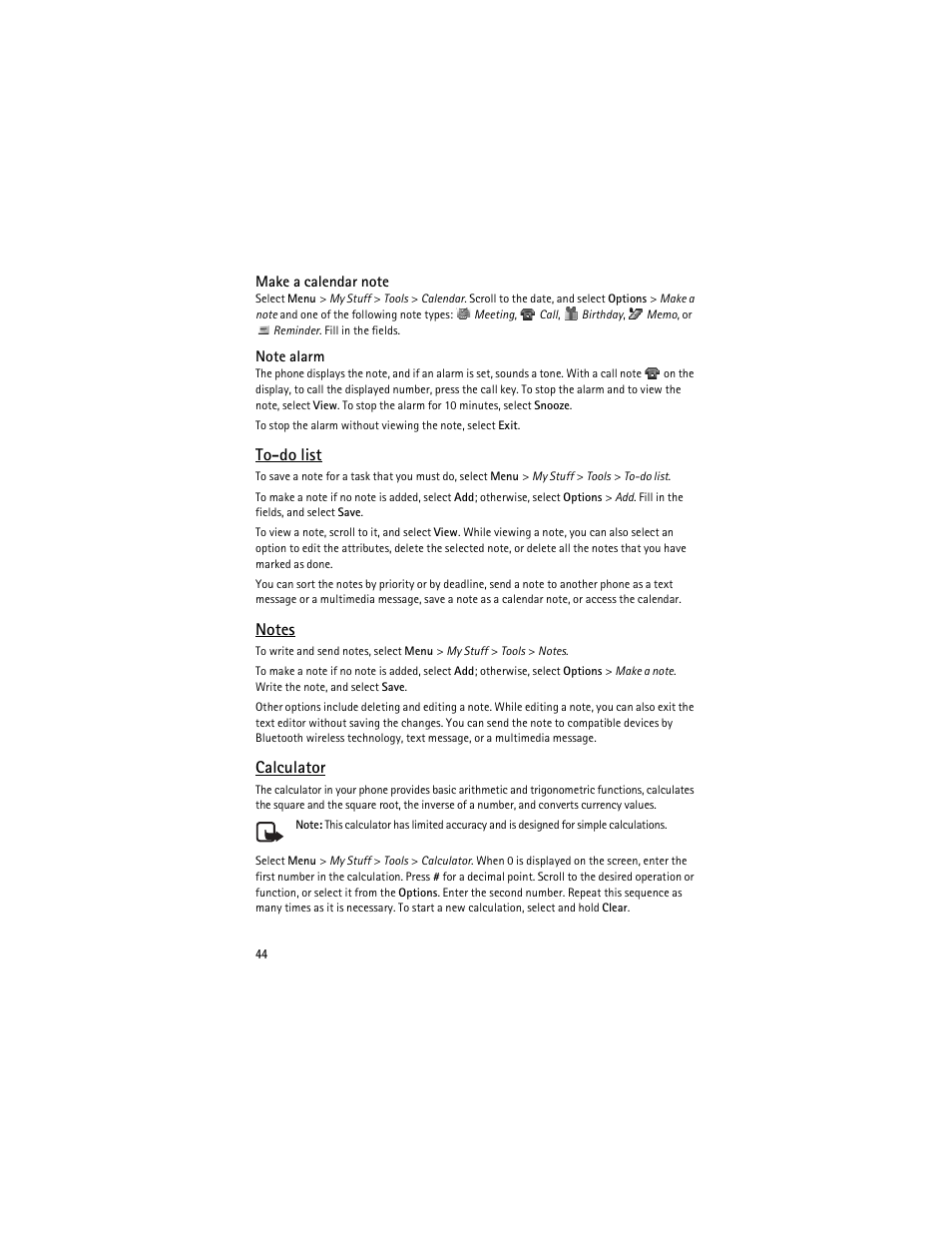 To-do list, Calculator | Nokia 6126 User Manual | Page 77 / 105