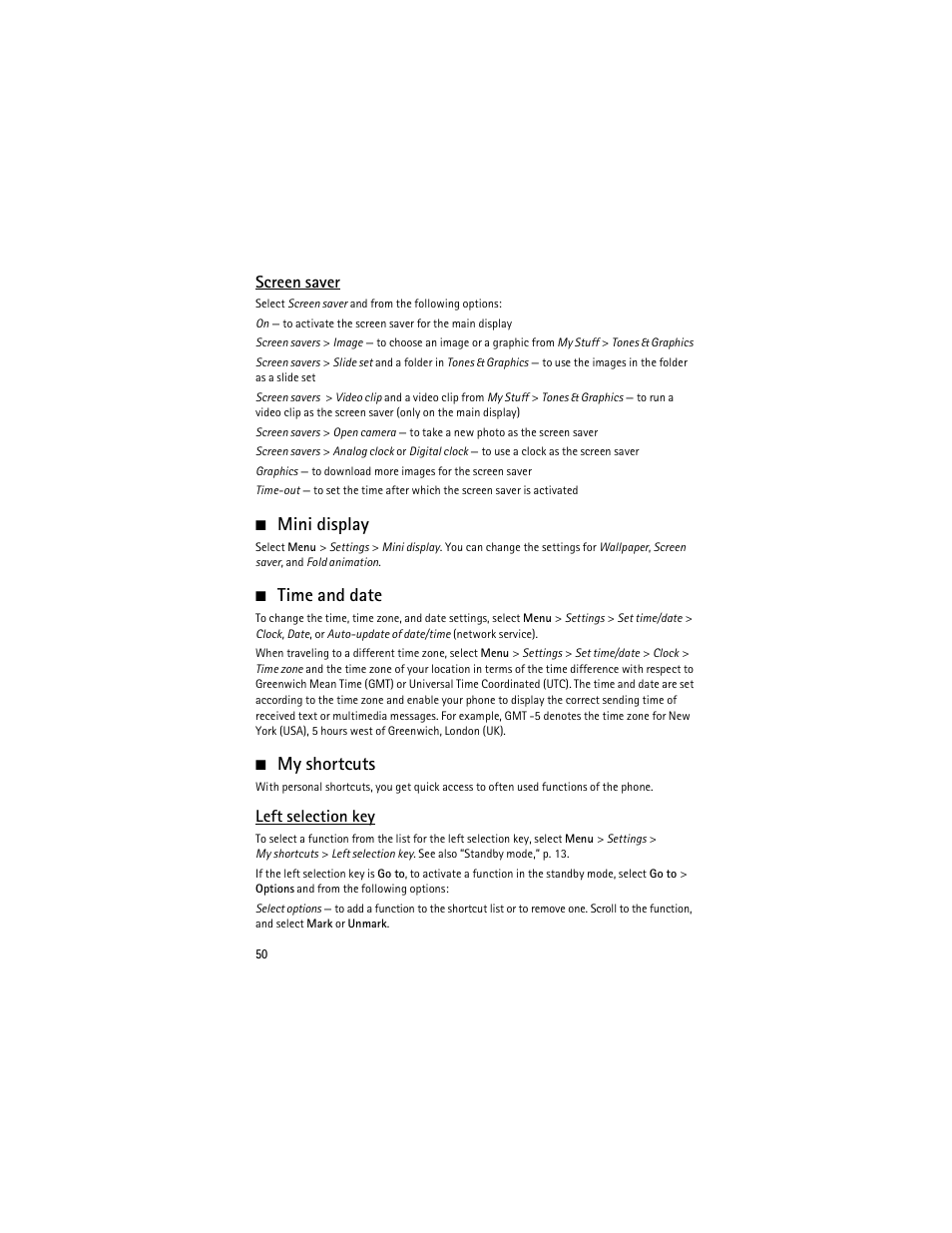 Mini display, Time and date, My shortcuts | Mini display time and date my shortcuts, Screen saver, Left selection key | Nokia 6126 User Manual | Page 83 / 105