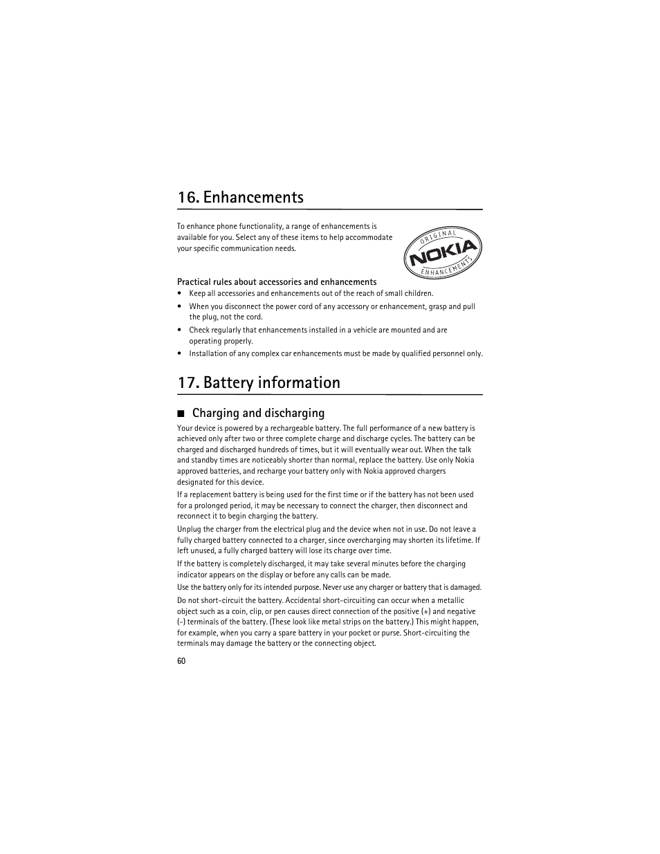 Enhancements, Battery information, Charging and discharging | Nokia 6126 User Manual | Page 93 / 105