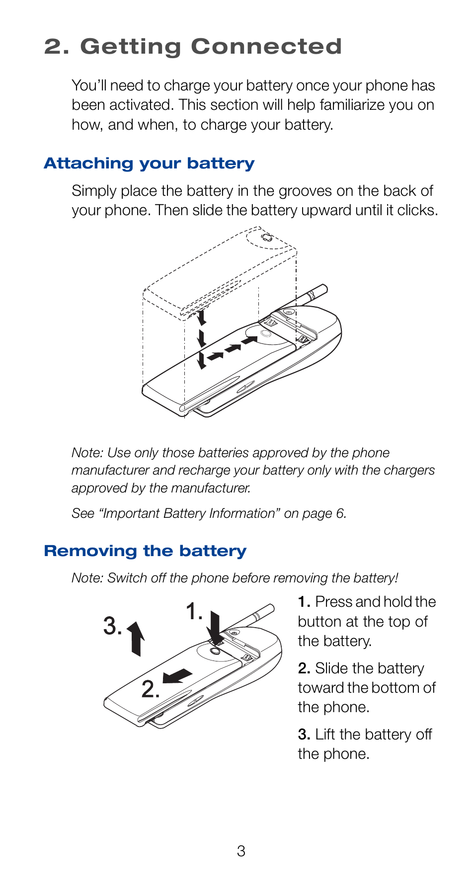 Getting connected, Attaching your battery, Removing the battery | Attaching your battery removing the battery | Nokia 6162 User Manual | Page 10 / 101