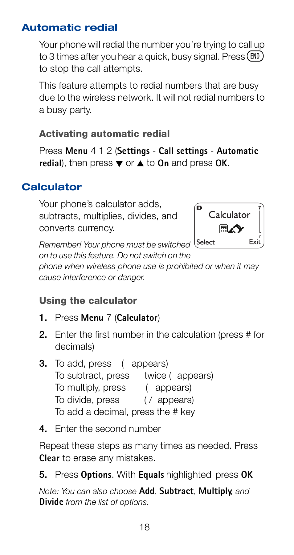 Automatic redial, Calculator, Automatic redial calculator | Nokia 6162 User Manual | Page 25 / 101