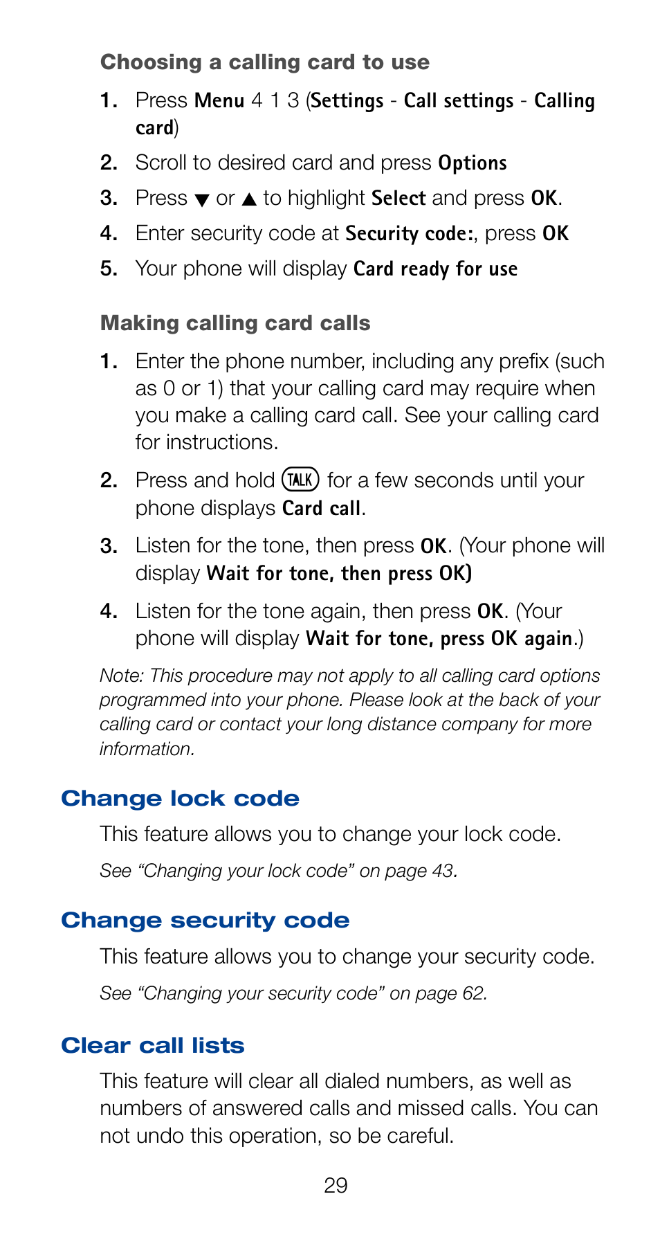 Making calling card calls, Clear call lists | Nokia 6162 User Manual | Page 36 / 101