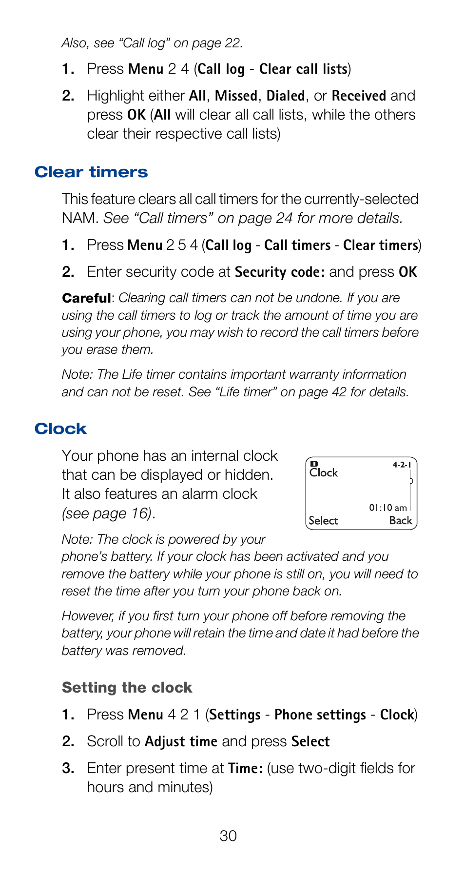 Clear timers, Clock, Setting the clock | Clear timers clock | Nokia 6162 User Manual | Page 37 / 101