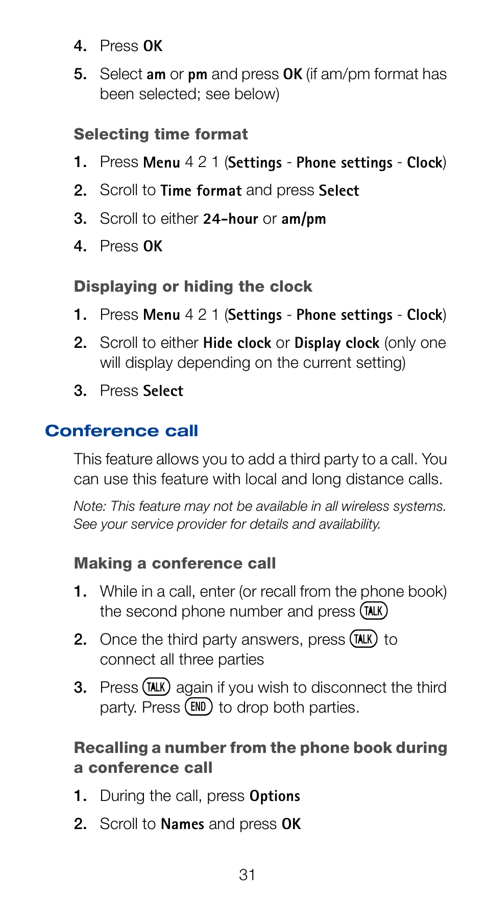 Selecting time format, Displaying or hiding the clock, Conference call | Nokia 6162 User Manual | Page 38 / 101