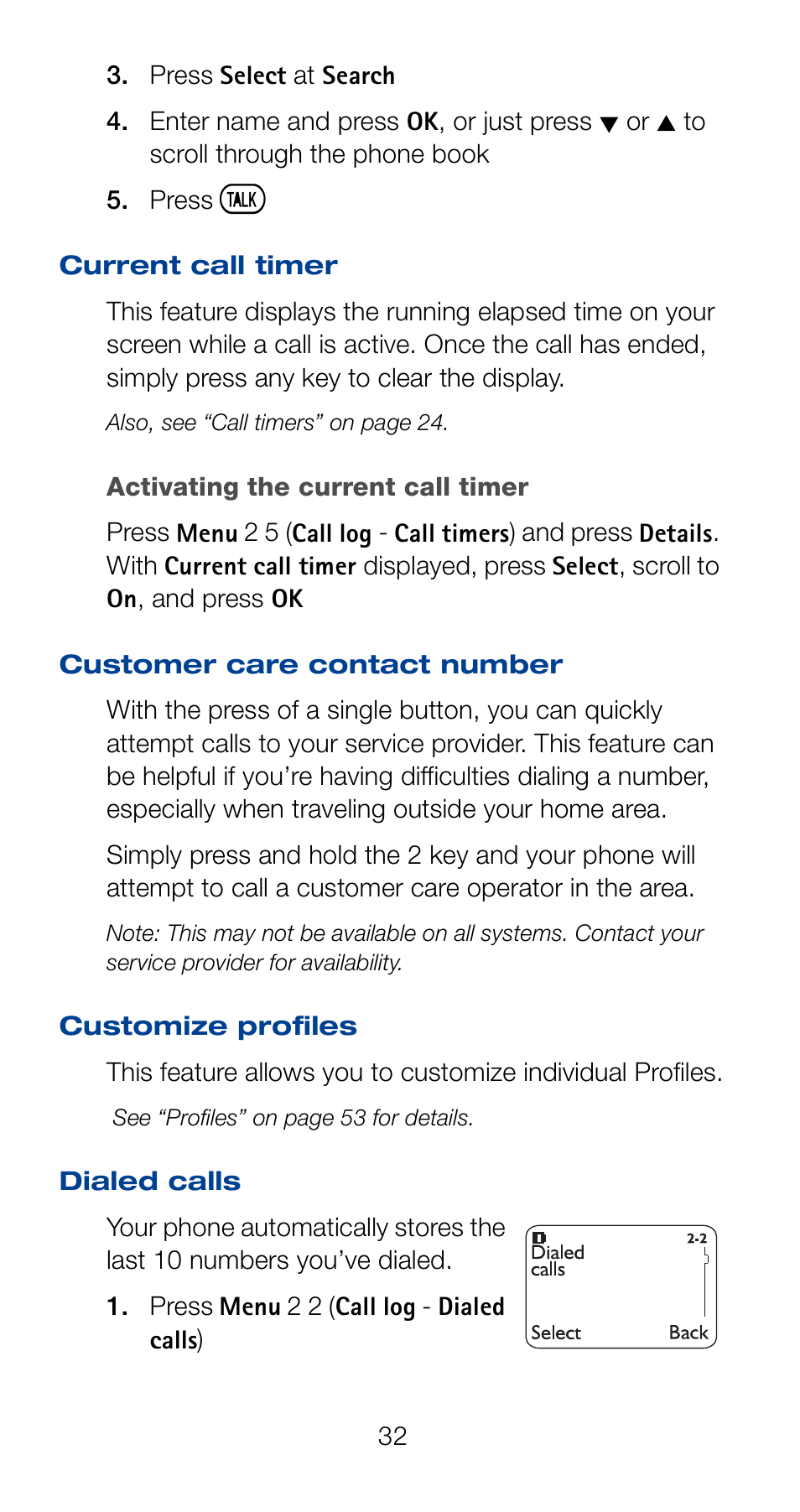 Current call timer, Customer care contact number, Dialed calls | Nokia 6162 User Manual | Page 39 / 101