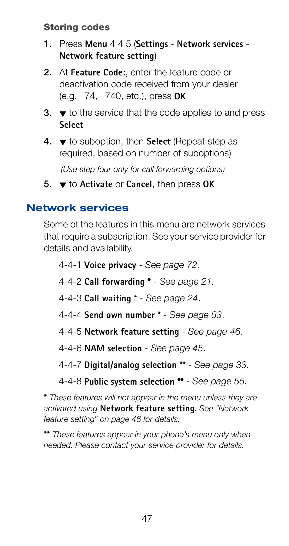 Storing codes, Network services | Nokia 6162 User Manual | Page 54 / 101