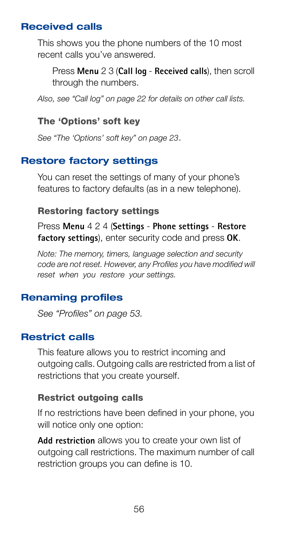 Received calls, Restore factory settings, Restrict calls | Nokia 6162 User Manual | Page 63 / 101