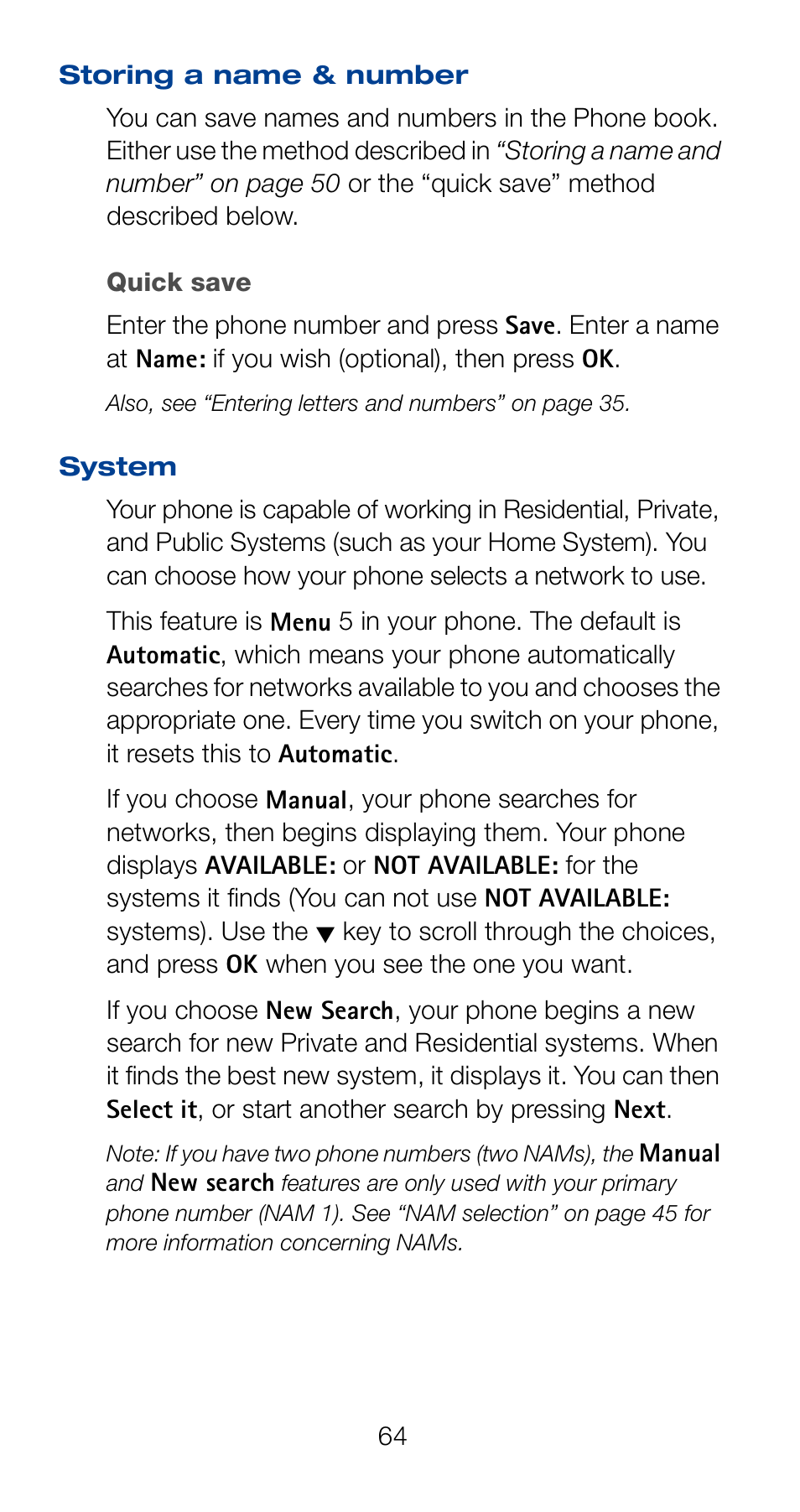 Storing a name & number, Quick save, System | Nokia 6162 User Manual | Page 71 / 101