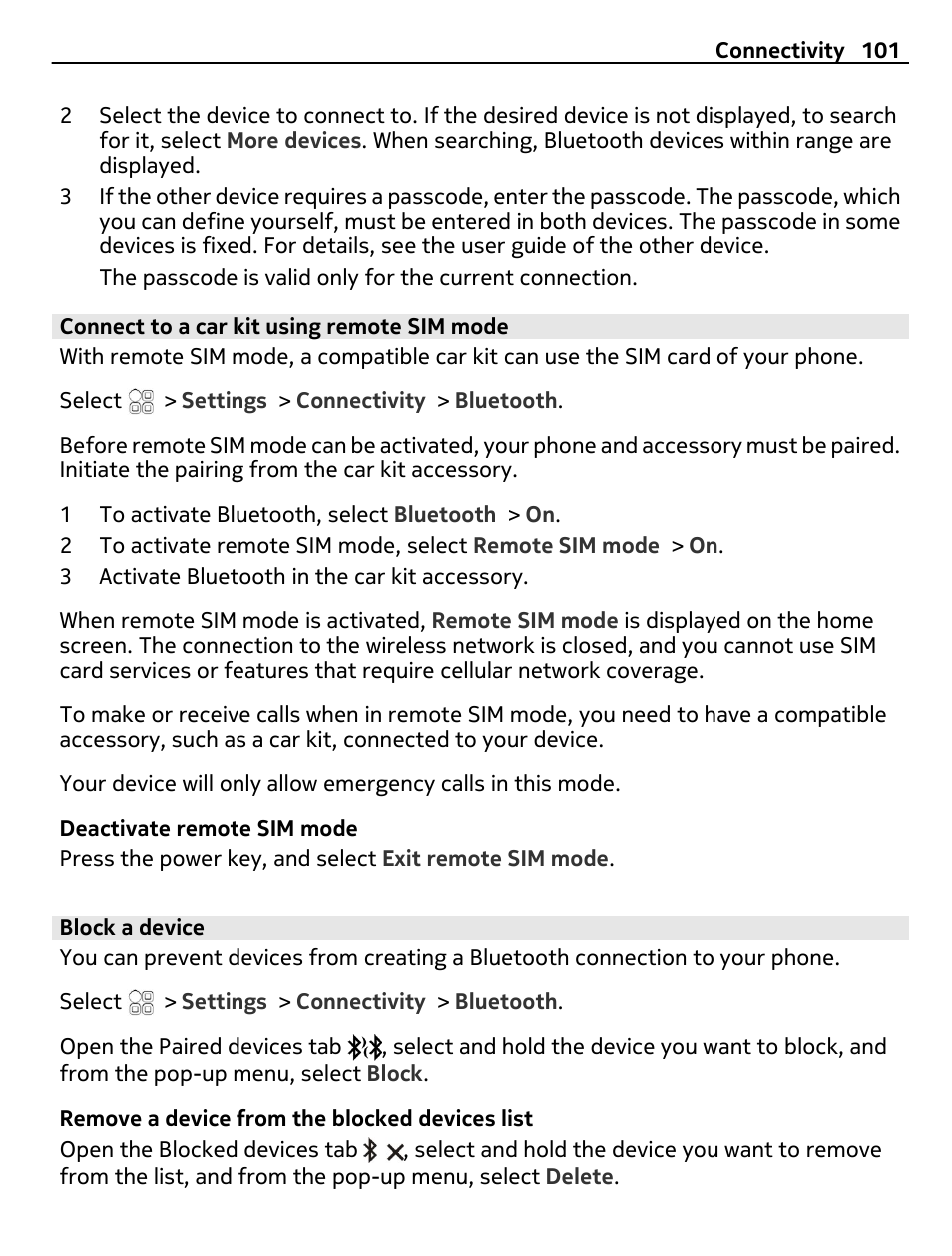 Connect to a car kit using remote sim mode, Block a device | Nokia E6-00 User Manual | Page 101 / 126