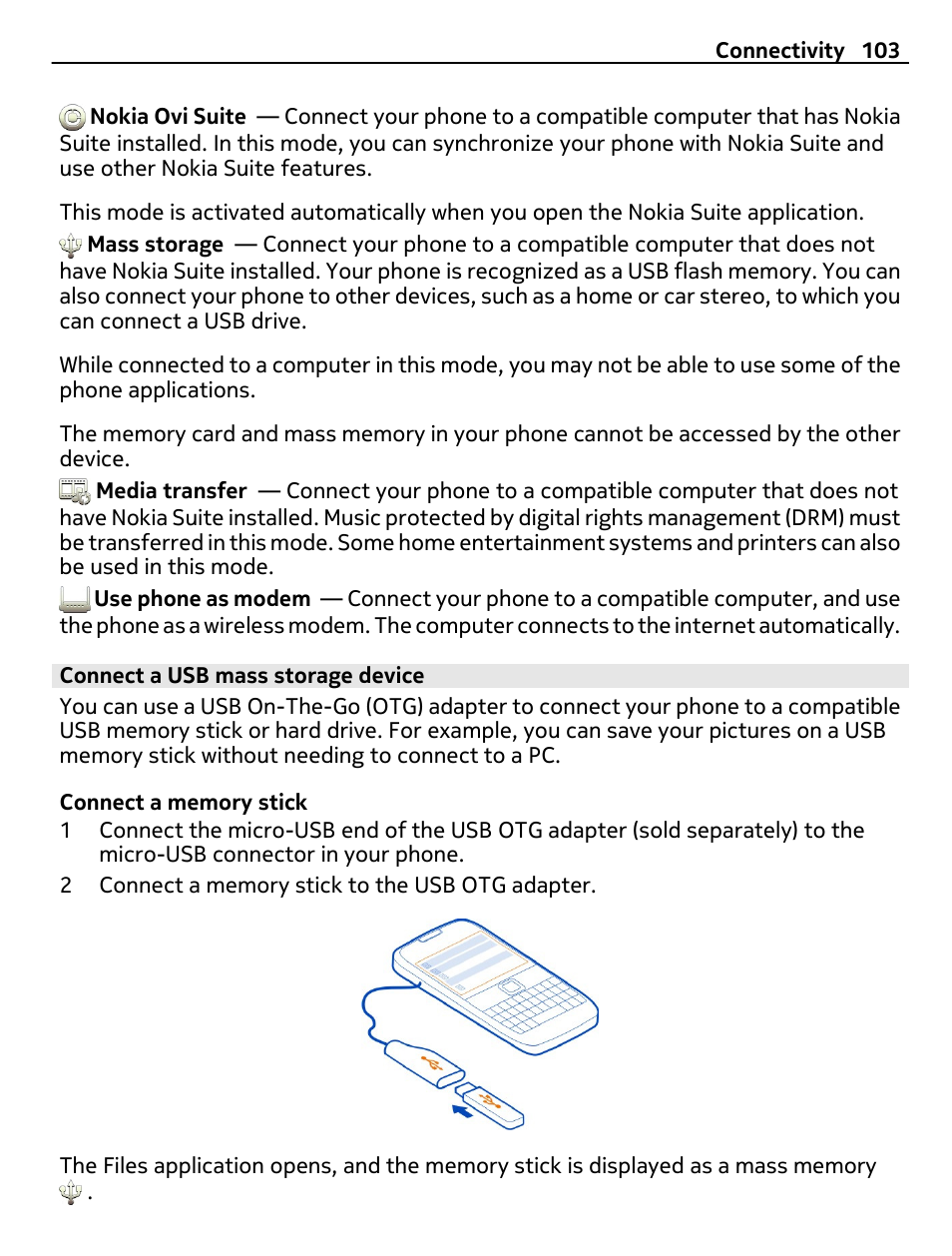 Connect a usb mass storage device | Nokia E6-00 User Manual | Page 103 / 126