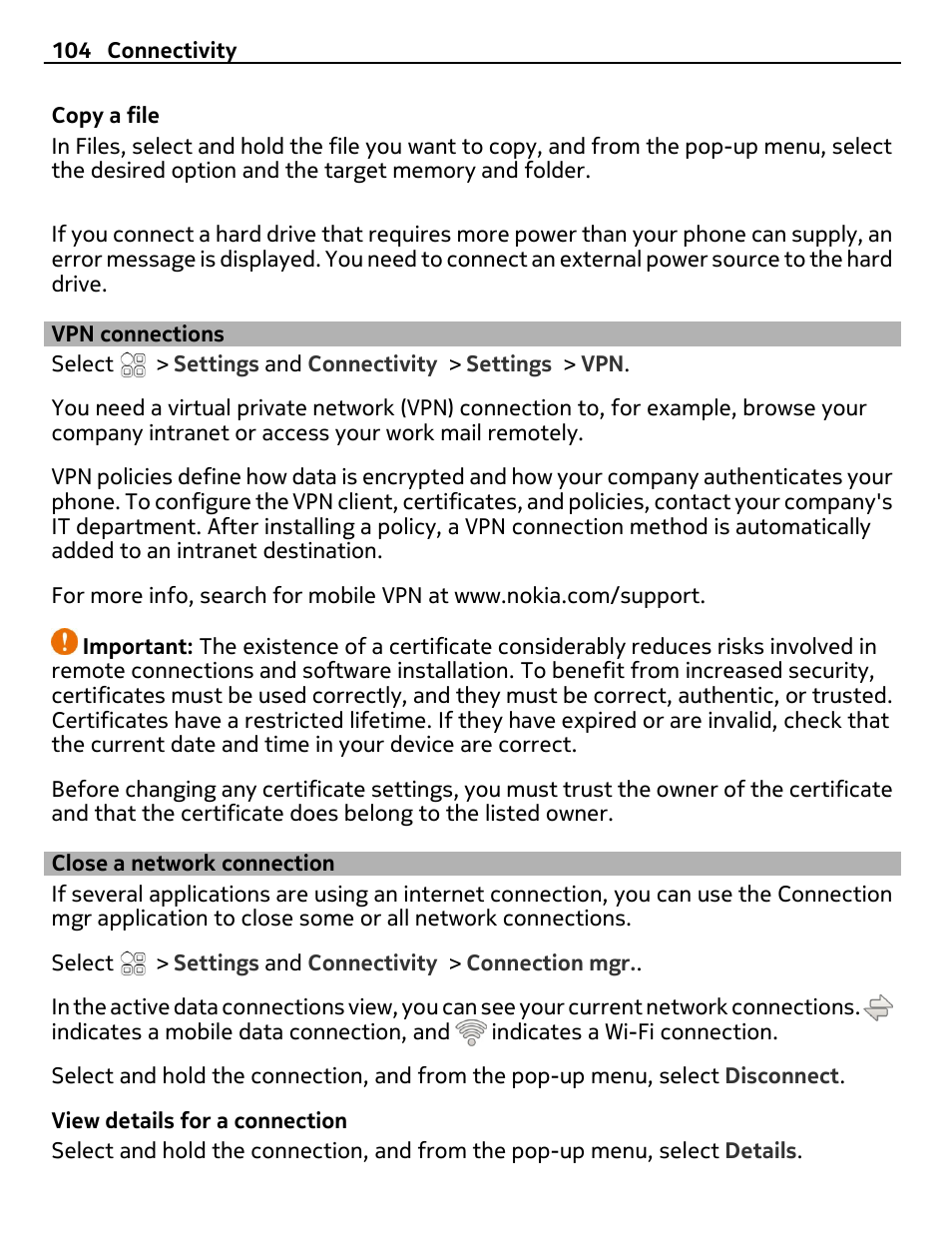 Vpn connections, Close a network connection | Nokia E6-00 User Manual | Page 104 / 126