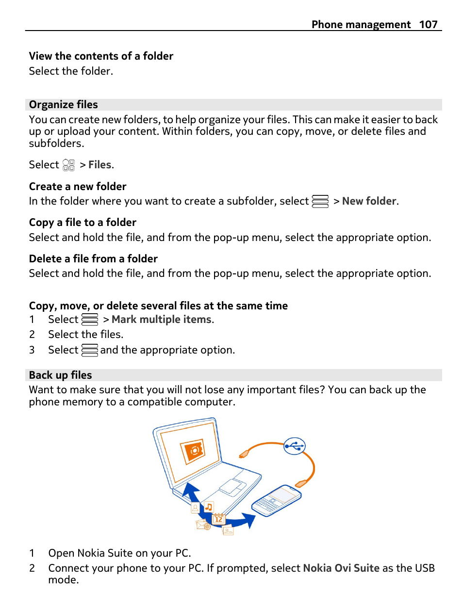Organize files, Back up files | Nokia E6-00 User Manual | Page 107 / 126