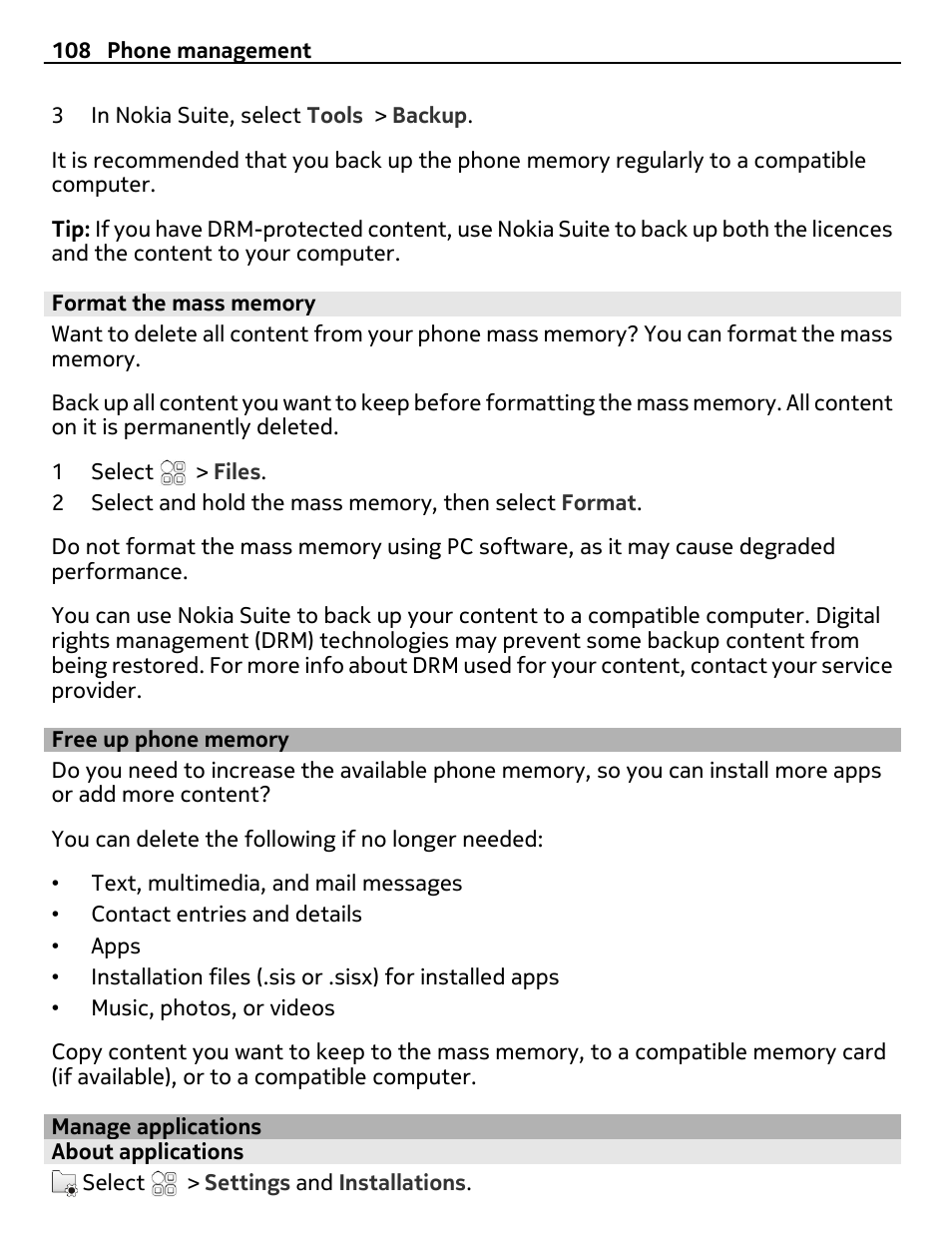 Format the mass memory, Free up phone memory, Manage applications | About applications | Nokia E6-00 User Manual | Page 108 / 126