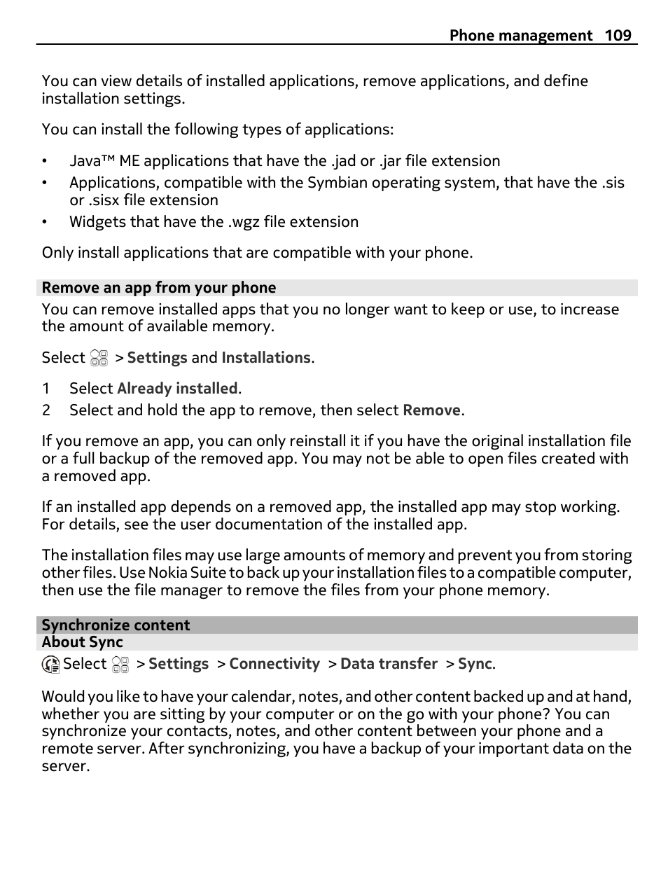 Remove an app from your phone, Synchronize content, About sync | Nokia E6-00 User Manual | Page 109 / 126