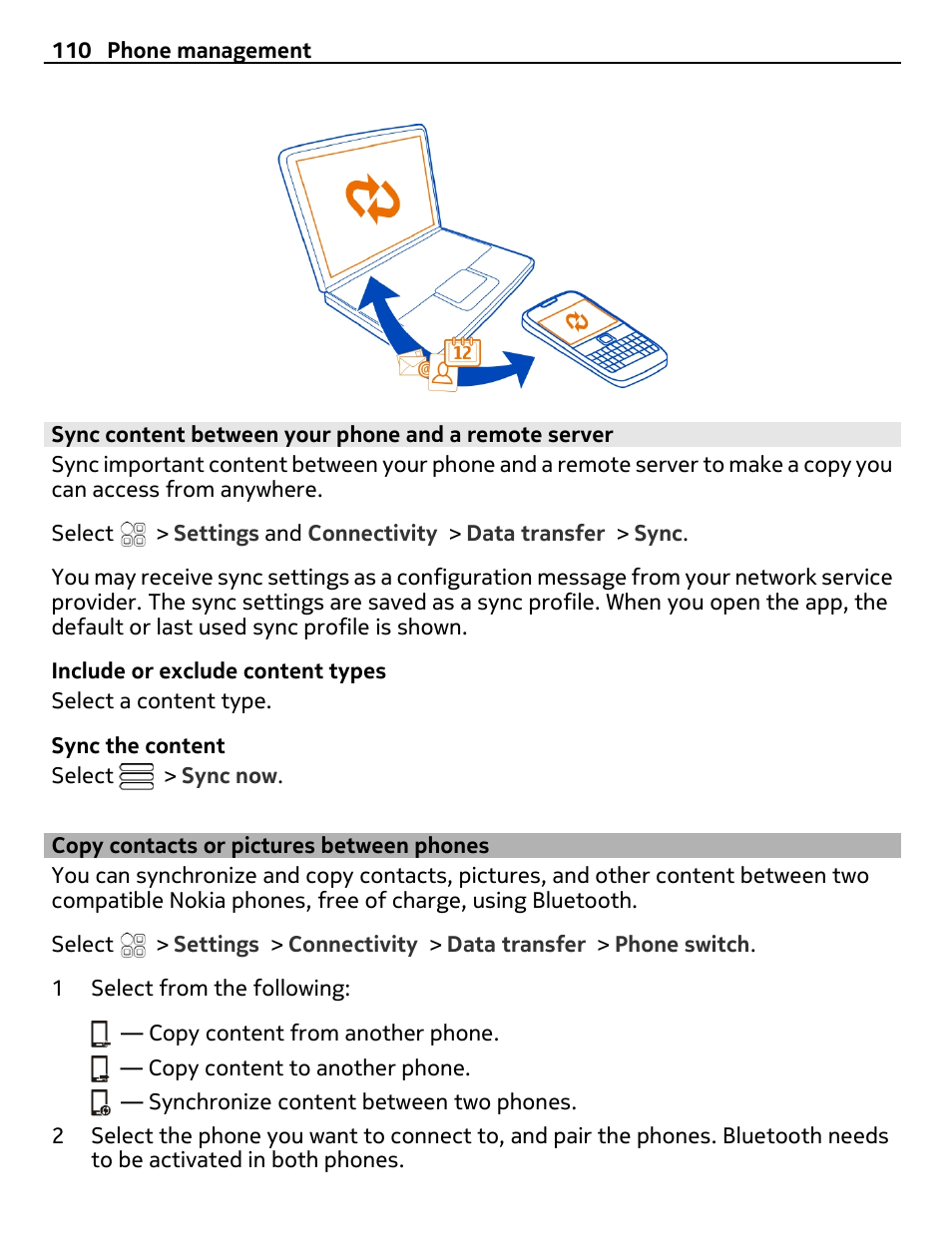 Copy contacts or pictures between phones, Copy contacts or pictures between, Phones | Nokia E6-00 User Manual | Page 110 / 126