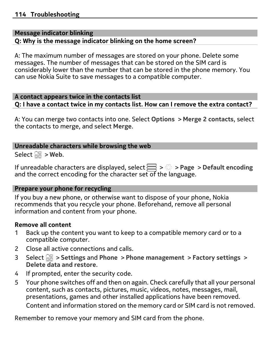 Message indicator blinking, A contact appears twice in the contacts list, Unreadable characters while browsing the web | Prepare your phone for recycling, A contact appears twice in the, Contacts list, Unreadable characters while, Browsing the web | Nokia E6-00 User Manual | Page 114 / 126