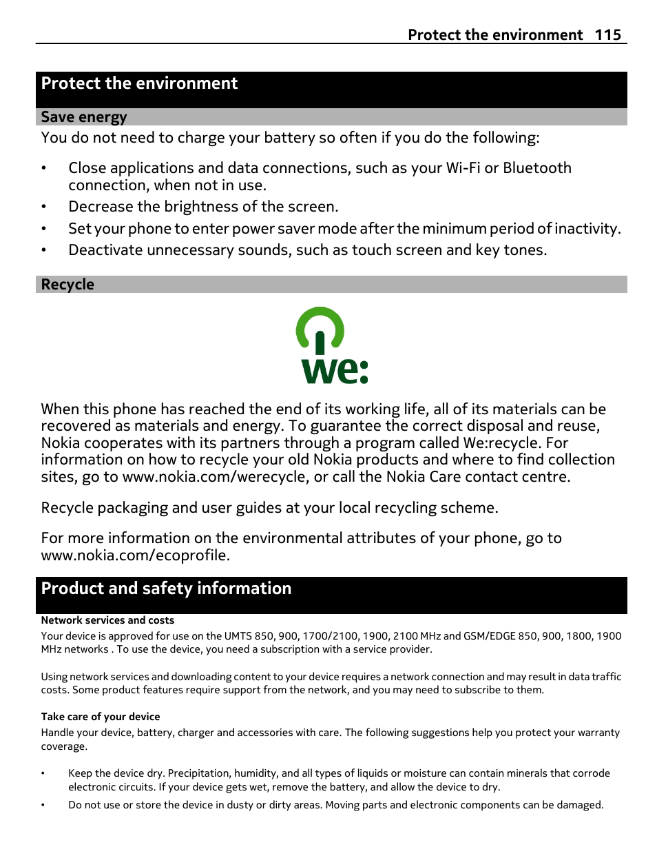 Protect the environment, Save energy, Recycle | Product and safety information, Network services and costs, Take care of your device | Nokia E6-00 User Manual | Page 115 / 126