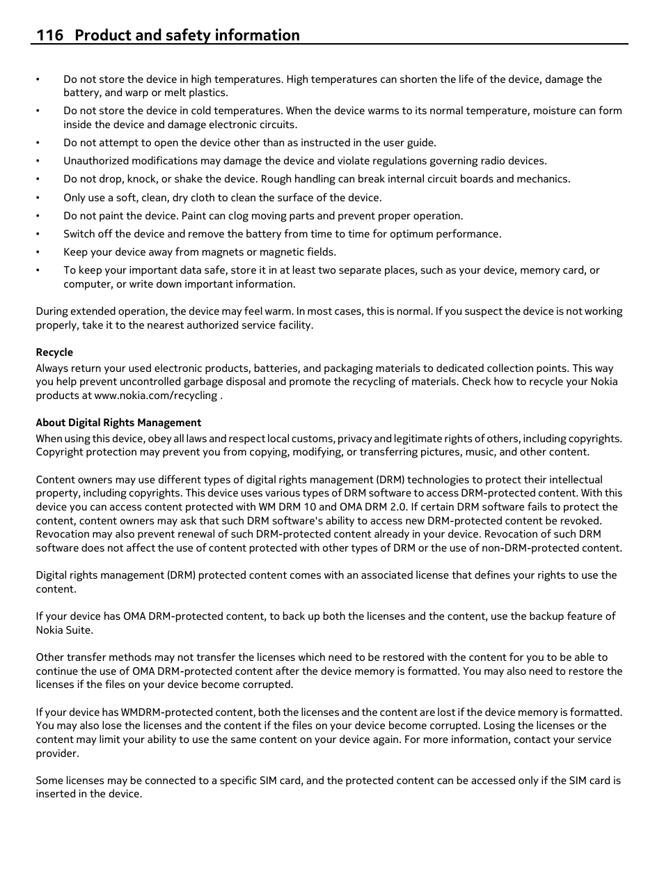 Recycle, About digital rights management, 116 product and safety information | Nokia E6-00 User Manual | Page 116 / 126