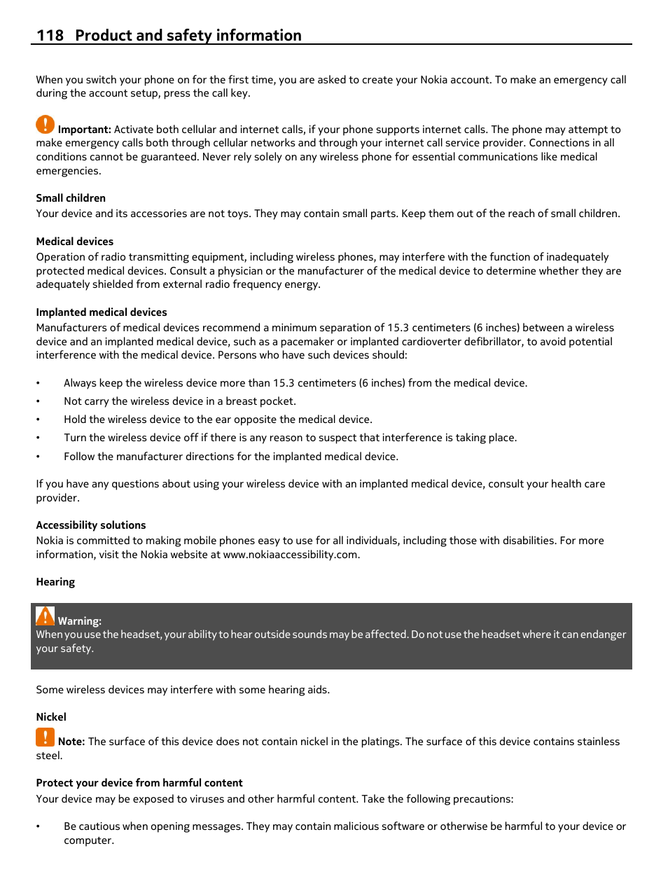 Small children, Medical devices, Implanted medical devices | Accessibility solutions, Hearing, Nickel, Protect your device from harmful content, 118 product and safety information | Nokia E6-00 User Manual | Page 118 / 126