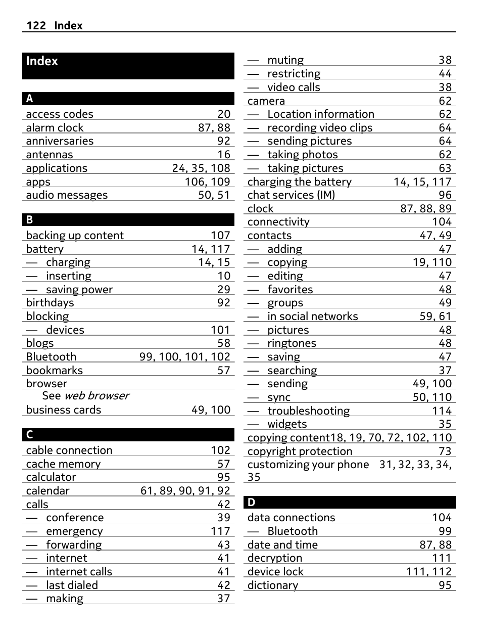 Index | Nokia E6-00 User Manual | Page 122 / 126