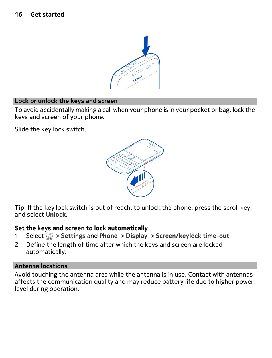 Lock or unlock the keys and screen, Antenna locations, Lock or unlock the keys and screen 16 | Nokia E6-00 User Manual | Page 16 / 126