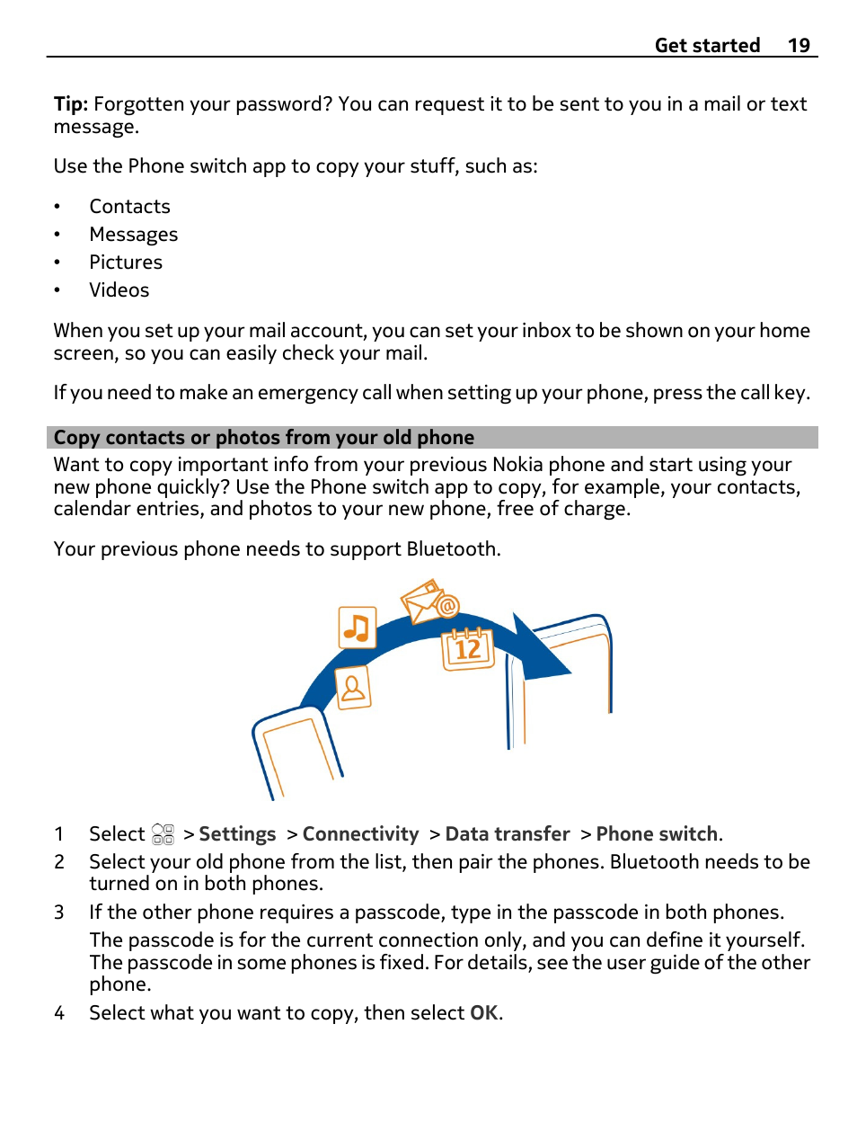 Copy contacts or photos from your old phone, Copy contacts or photos from your, Old phone | Nokia E6-00 User Manual | Page 19 / 126