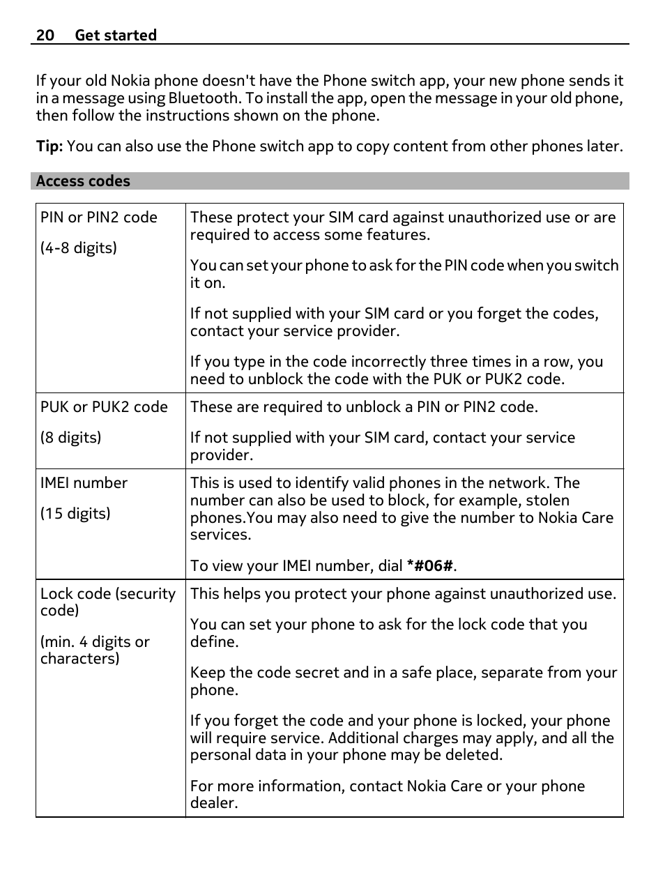 Access codes | Nokia E6-00 User Manual | Page 20 / 126