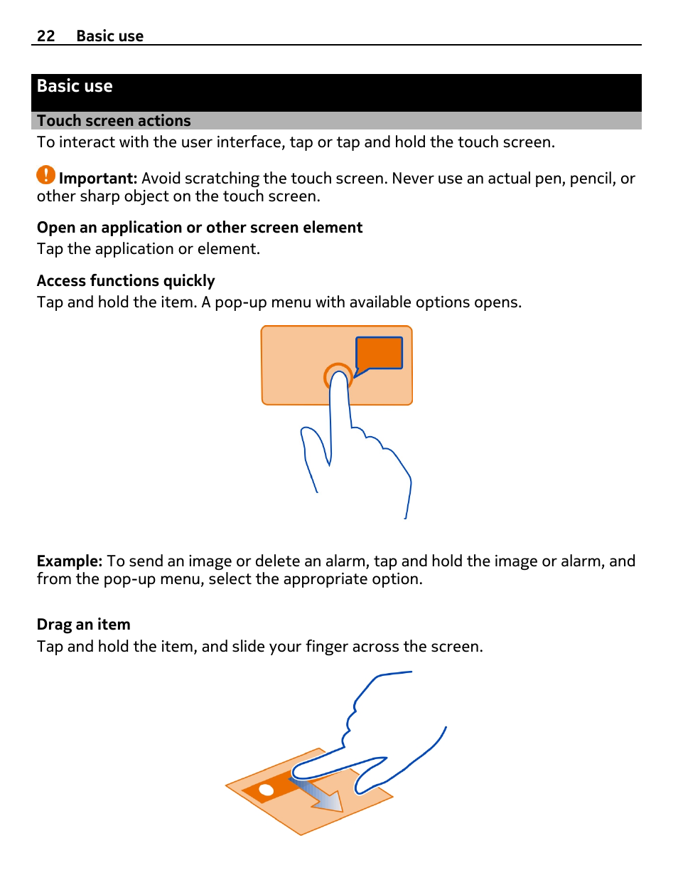 Basic use, Touch screen actions | Nokia E6-00 User Manual | Page 22 / 126