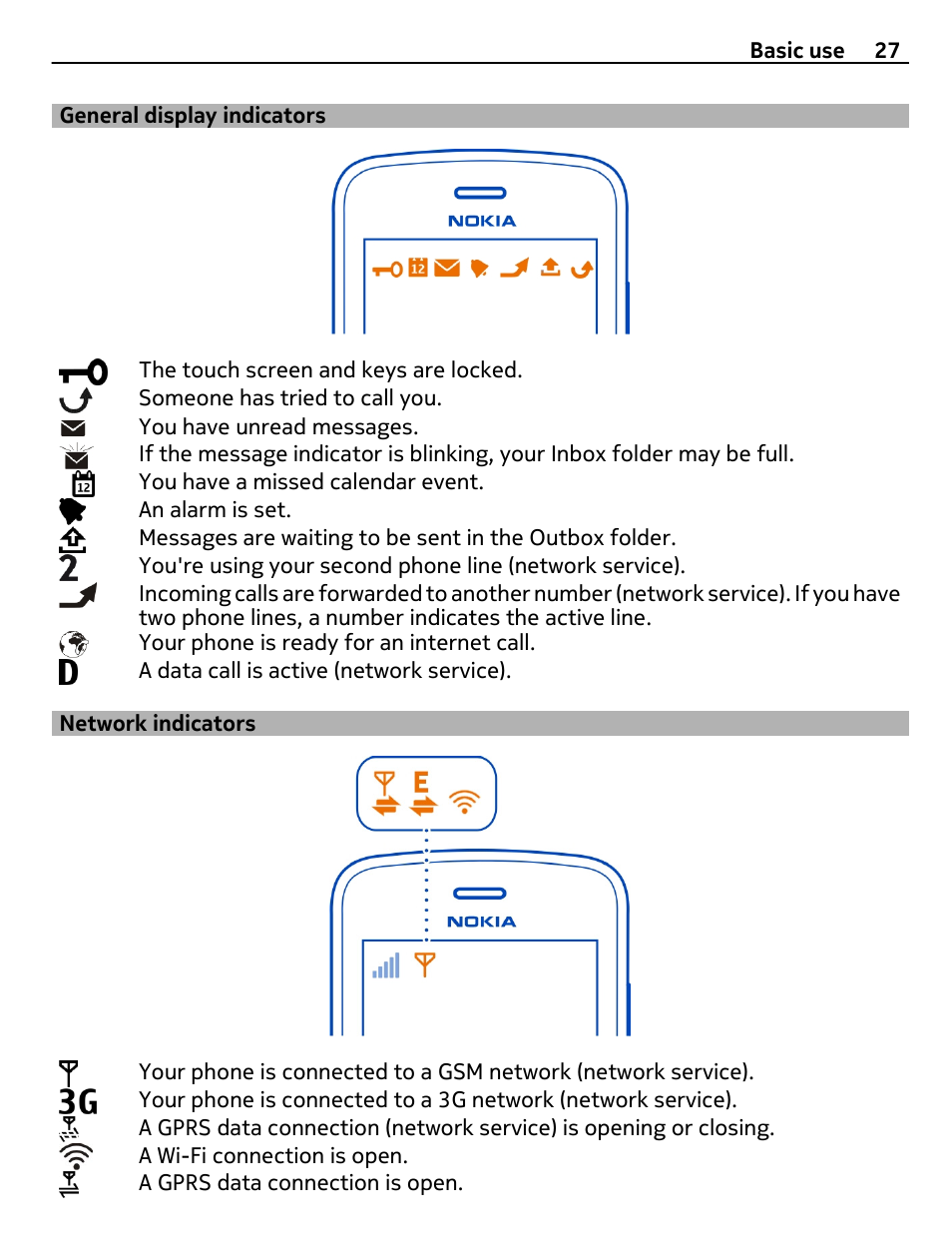 General display indicators, Network indicators | Nokia E6-00 User Manual | Page 27 / 126