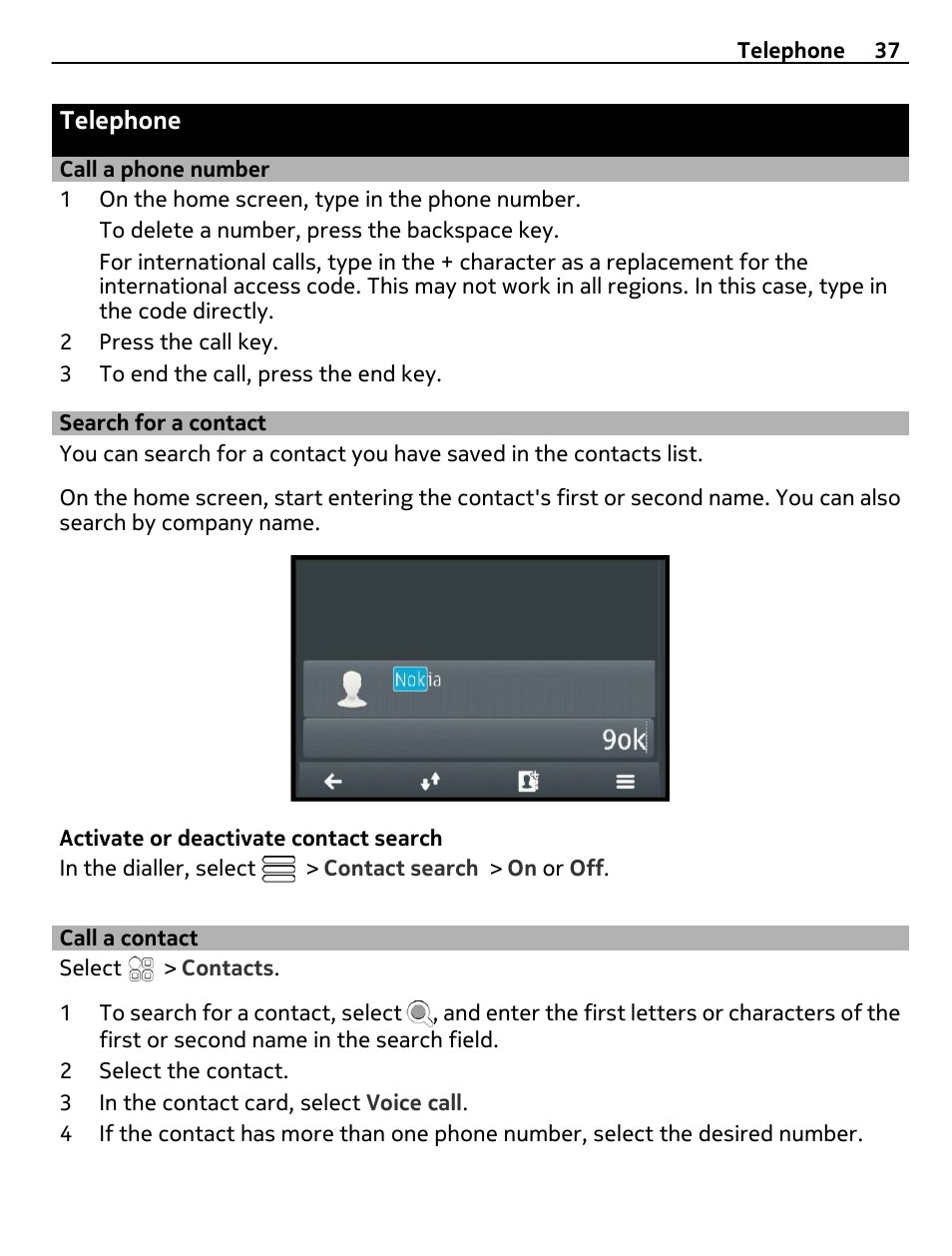 Telephone, Call a phone number, Search for a contact | Call a contact | Nokia E6-00 User Manual | Page 37 / 126
