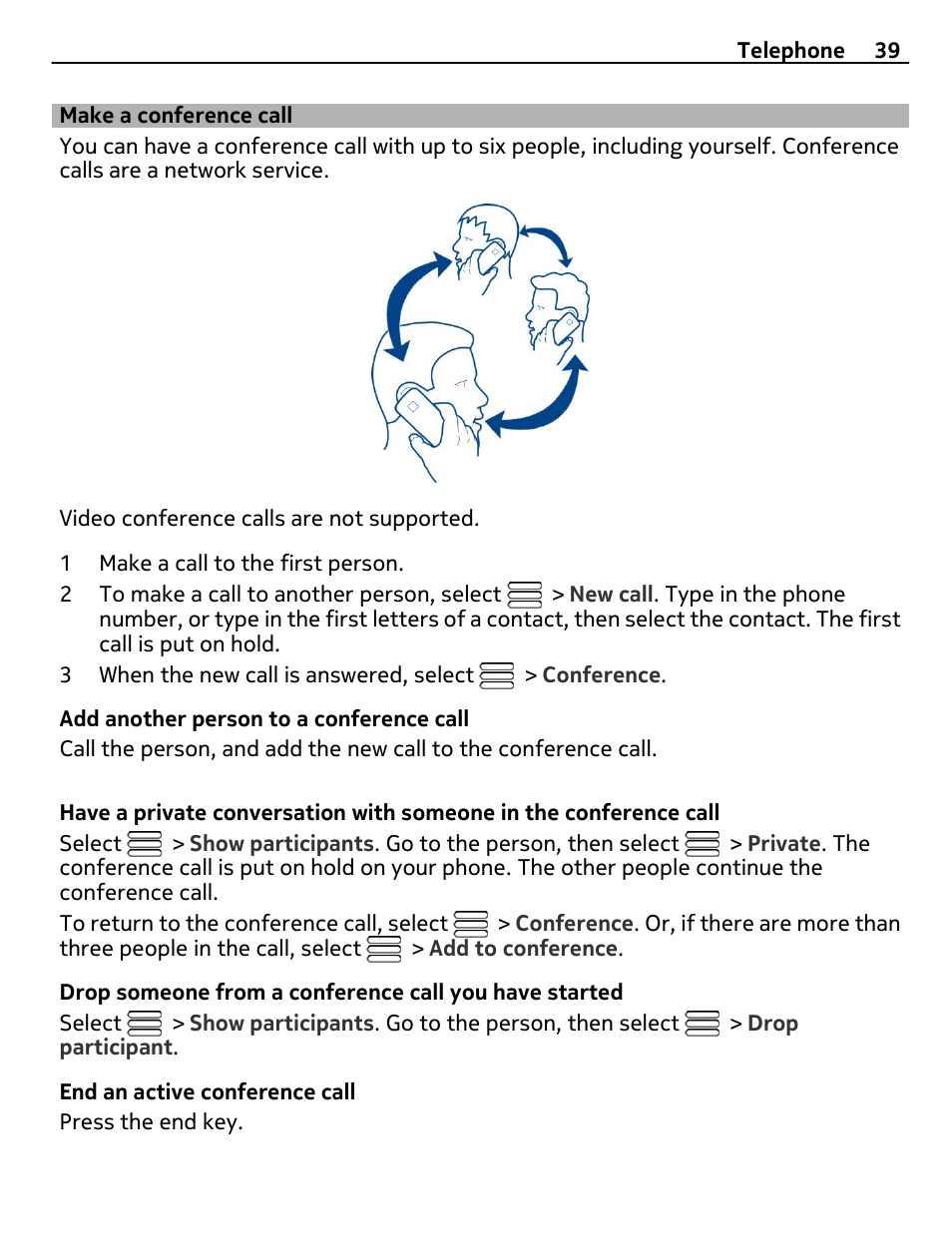Make a conference call | Nokia E6-00 User Manual | Page 39 / 126