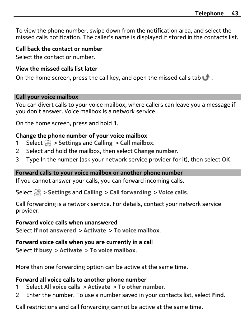 Call your voice mailbox, Forward calls to your voice mailbox or, Another phone number | Nokia E6-00 User Manual | Page 43 / 126