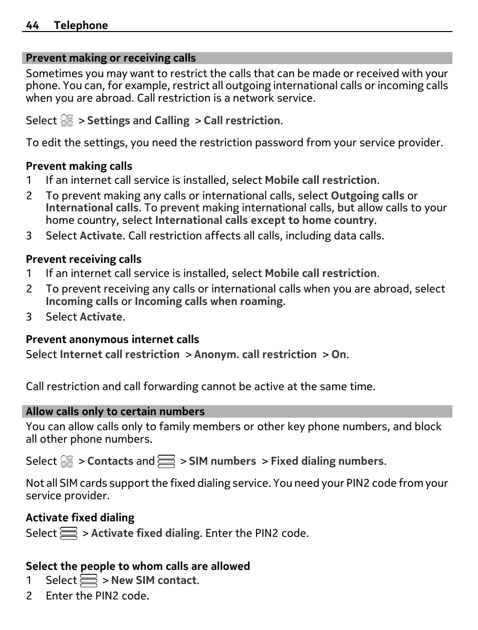 Prevent making or receiving calls, Allow calls only to certain numbers | Nokia E6-00 User Manual | Page 44 / 126